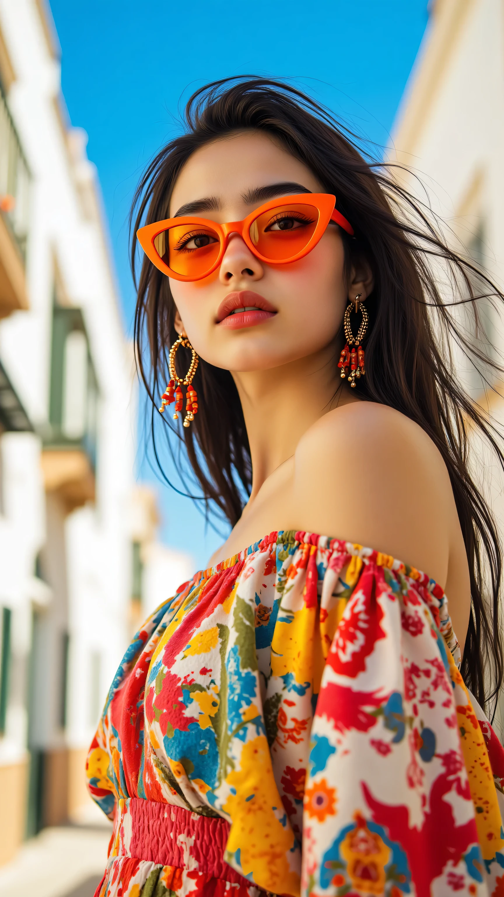 8k, masterpiece, highest quality, Vibrant, colorful, summer, Mediterranean street backdrop, orange cat-eye sunglasses, multicolored flowing dress, off-shoulder sleeves, tasseled earrings, bright blue sky, white buildings, high contrast, saturated colors, fashion photography, editorial style, sunny day, hair blowing in breeze, youthful energy, bold makeup, cinematic lighting, ultra-detailed
