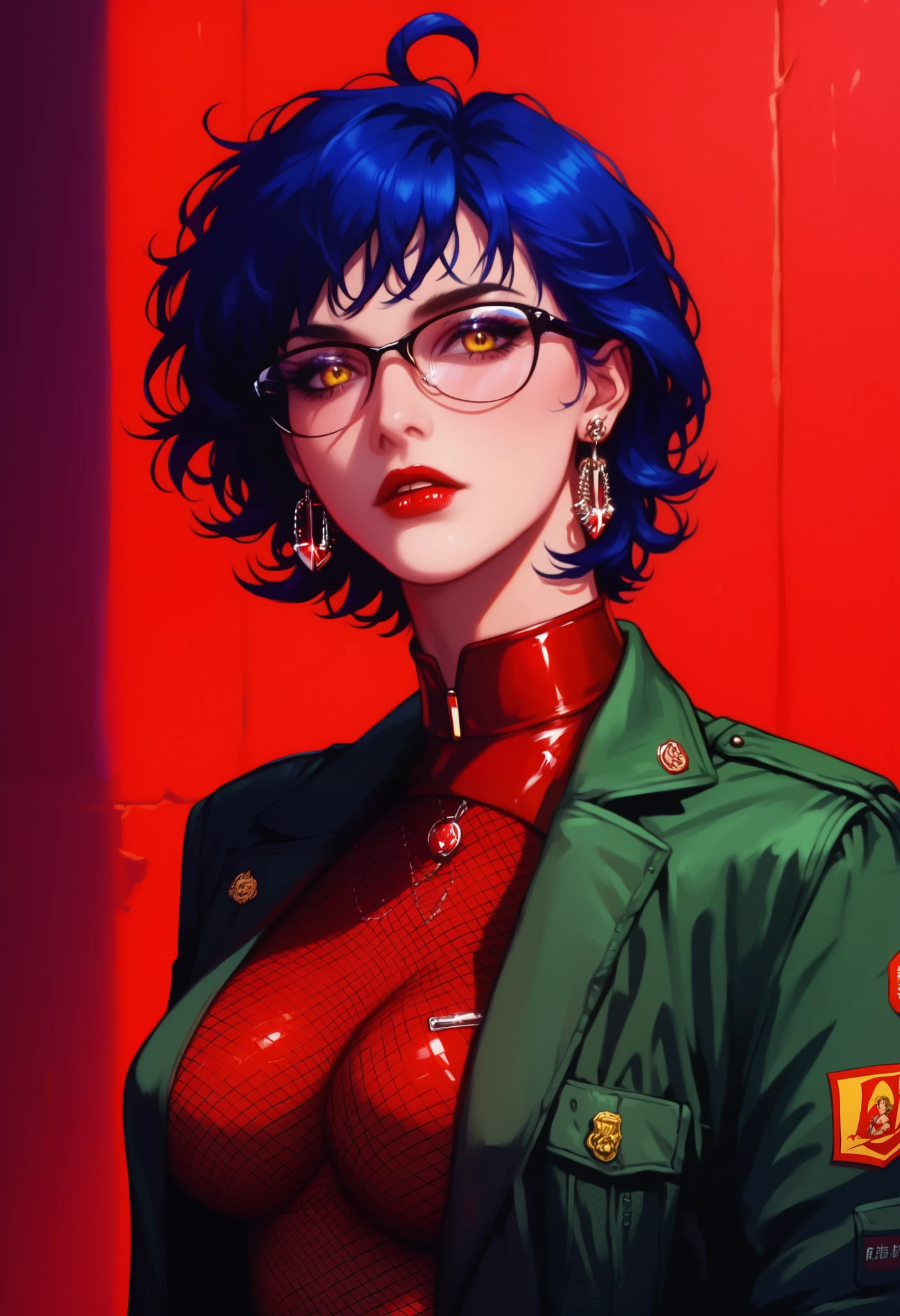 score_9, score_8_up, score_7_up, score_6_up, 8k, high detailed picture, realistic style, masterpiece, very young girl, no panty, perfect big breasts, disheveled hair, mz, ahoge, short hair, blue hair, yellow eyes, glasses, big brightness eyes, 16k, masterpiece, realistic style, perfect fingers, tomboy, circle-glasses, YR_GradLight, solommay, zal, tokyo_street_fashion_xl, earrings, fishnet legwear, fishnets, jacket on shoulders, jewelry, lipstick, parted lips, makeup, white stiletto heels, reflective transparent iridescent opaque clothing, g0th1cpnk