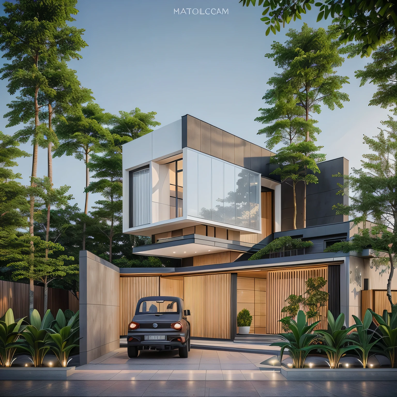 PLATFORM KTHOUSE, 1 morden villa, main material of villa about build color wall:1.2 glass panel:1.1 and stone:1.2, 1large yard, 1 road runs in front of the house, (RAW photo, real, best quality, masterpiece:1.2), look morden minimalist, 1 road in front of the house, dynamic lighting:1.3, (hyper realistic, photo-realistic:1.2), high quality, (dark lighting:1.2), perfect lighting, archdaily, no human