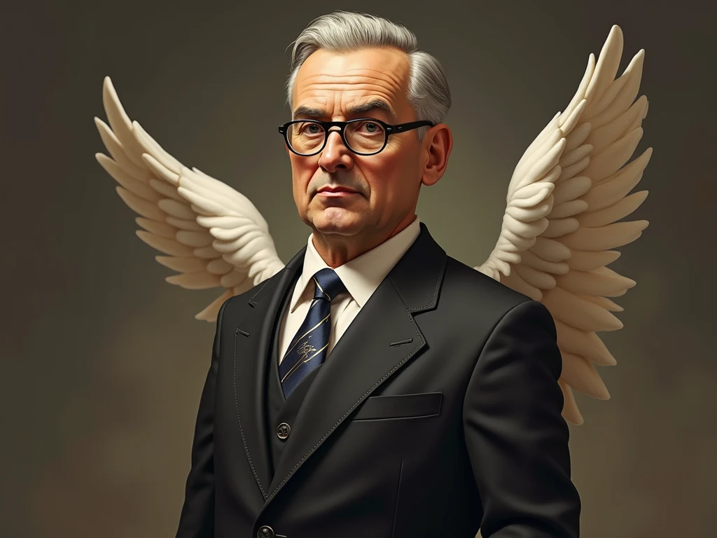 Create a high resolution image, of a gray-haired, mustachioed and muscular mature man with angel wings solo on a dark road