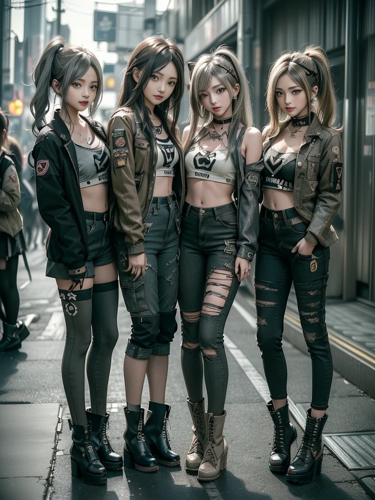 (Three Beauties, 3 girls:1.5)、( full body view:1.3)、(side view:1.1)、(Fashion magazine gal model :1.3)、(teeth and laugh:1.3),(Shibuya Gal:1.5)、(Neo-goth gravure model :1.4)、( military fashion :1.5)、( punk rock visual:1.4)、( modern dark gray and moss green short length jacket:1.5)、( tattered brown and charcoal denim cargo pants :1.5)、(Tattered long pants :1.4)、(Mustard Yellow Headband:1.3)、(Charcoal and khaki striped knee socks:1.4)、collar、(Brown platform long boots)、(Clothing with logo pattern:1.4)、20 years old、 on the body Be careful,((TOP QUALITY、In 8K、masterpiece:1.3))、Sharp focus:1.2、(layered cut、 :1.1),beautiful women with perfect figure:1.4、(Aerobics pose:1.3)、 slim abs:1.2、、Highly Detailed Face and Skin Textures、 fine eyes、 double eyelids,(twin tails:1.3)、(Platinum gold color and cream hair:1.3)、 、 Idol Sculpture、(The three of them are posing together in a cute way.:1.3)、(The scenery is a photo shoot for a gravure model with a modern design:1.3)、(Slimming your legs:1.4)、( because she's slender :1.3)、(clavicle:1.1)
