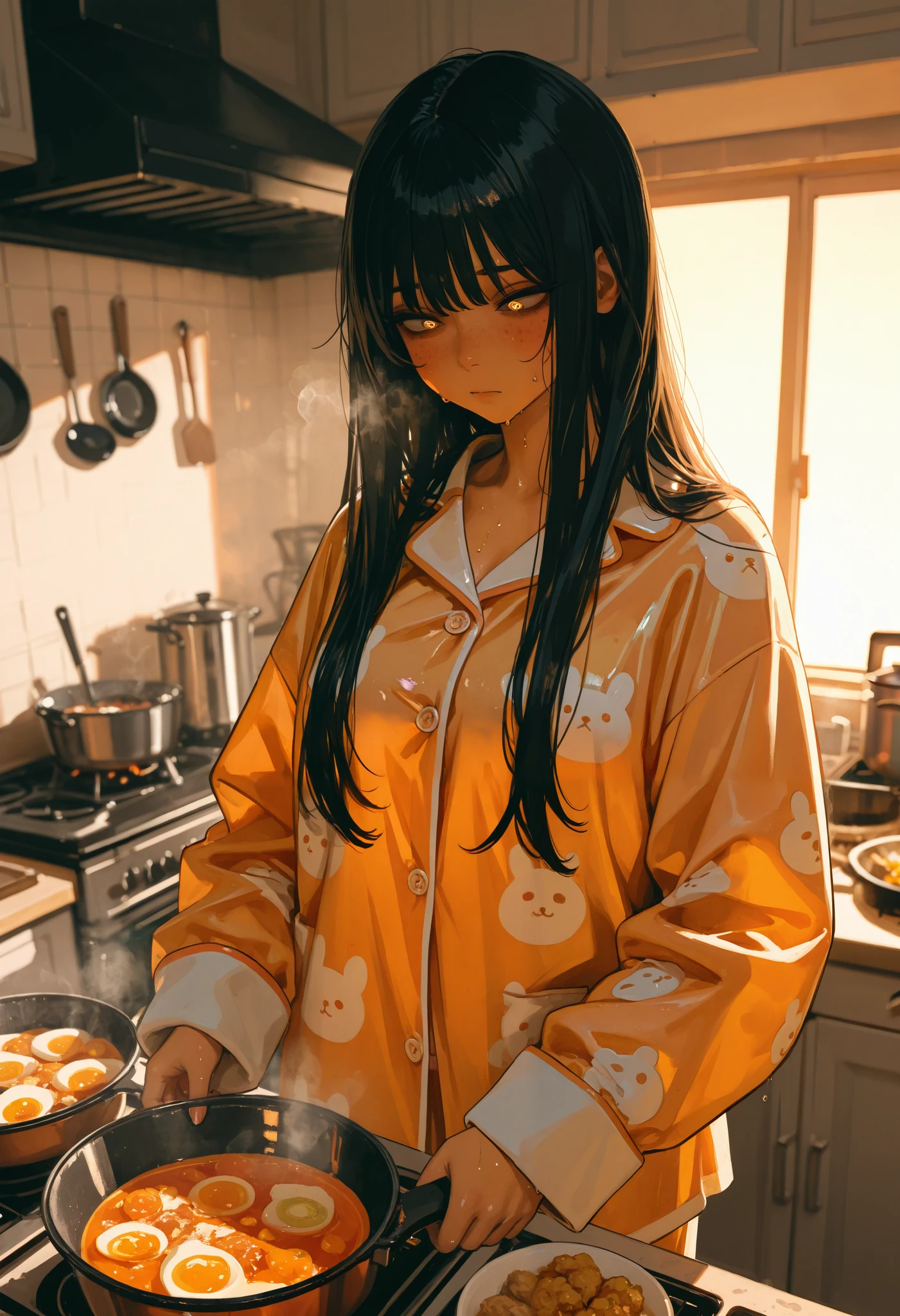 Her body shines covered in oil , with sweat dripping down her skin . She is standing showing her curves , surrounded by kitchen elements and food that she is cooking . The kitchen, illuminated by the natural light of the sunset , She is full of disorder . Wear tight clothing, Sexy pajamas, with her long black hair falling on her shoulders . His face, with rosy cheeks and big expressive eyes , shows an expression of satisfaction , as steam rises around her and heat fills the air