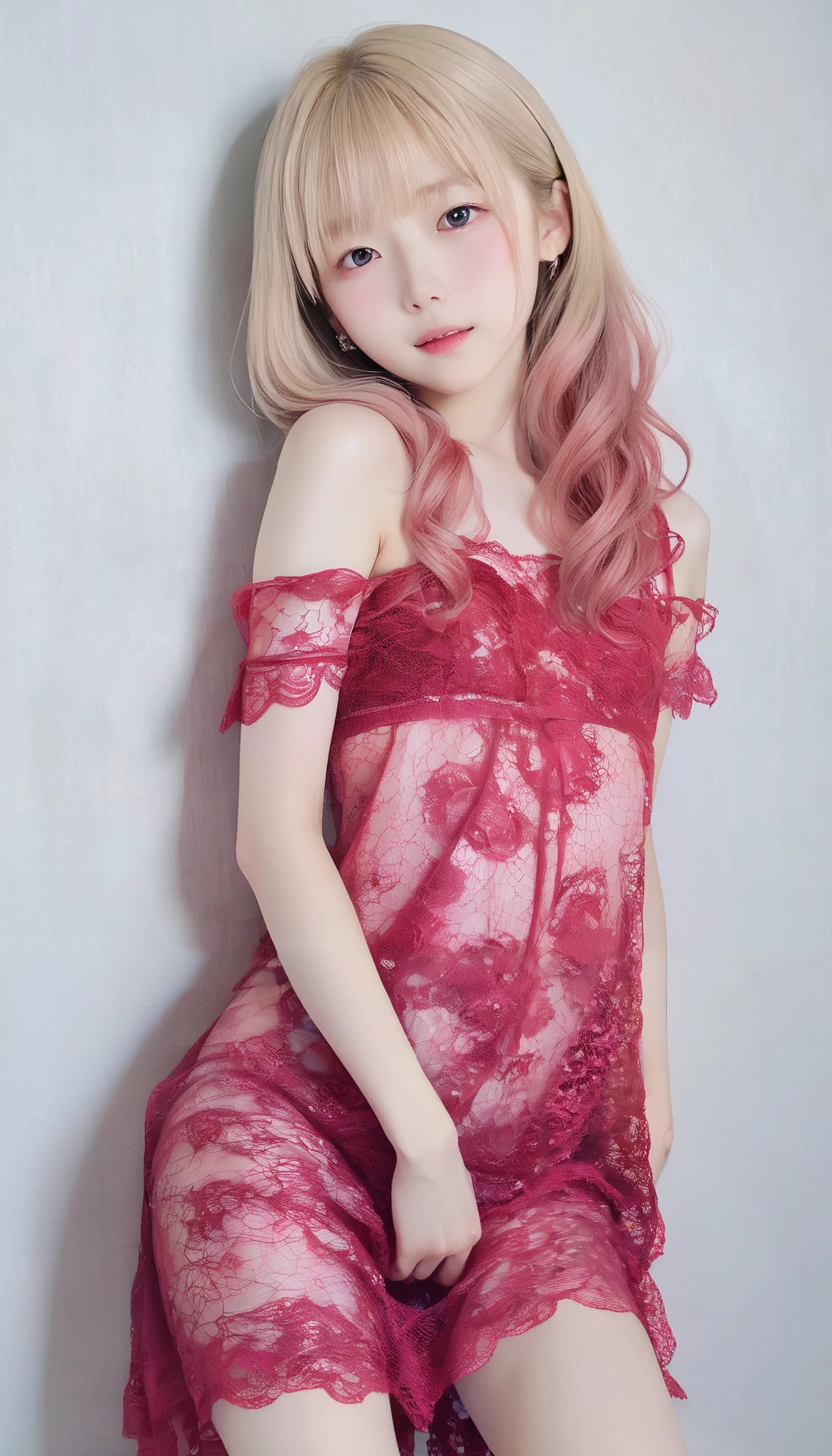 (8K, top-quality, masterpiece:1.2), (reallistic, Photorealsitic:1.37), Super Detail, One girl, (Highly detailed), (beautifully detailed eyes), (of the highest quality), (super detailed), (masterpiece), (Detailed face), 20yr old, 1 girl, (pink hair, long hair), medium breasts, clothed, Perfect Lighting, BREAK, (red satin dress:1.4), (black lace embroidery:1.3), (black tights with silver glitter:1.5), (black pumps:1.2), (ruby necklace and earrings:1.2), (silver ring:1.2), BRAKE, (upper body to knee shot:1.2), (hair on left side, ear on right side:1.2), (slight smile looking up:1.2), (left hand holding dress hem, right hand on shoulder:1.2), (white wall with red curtain:1.2), (soft light from top left:1.2)
