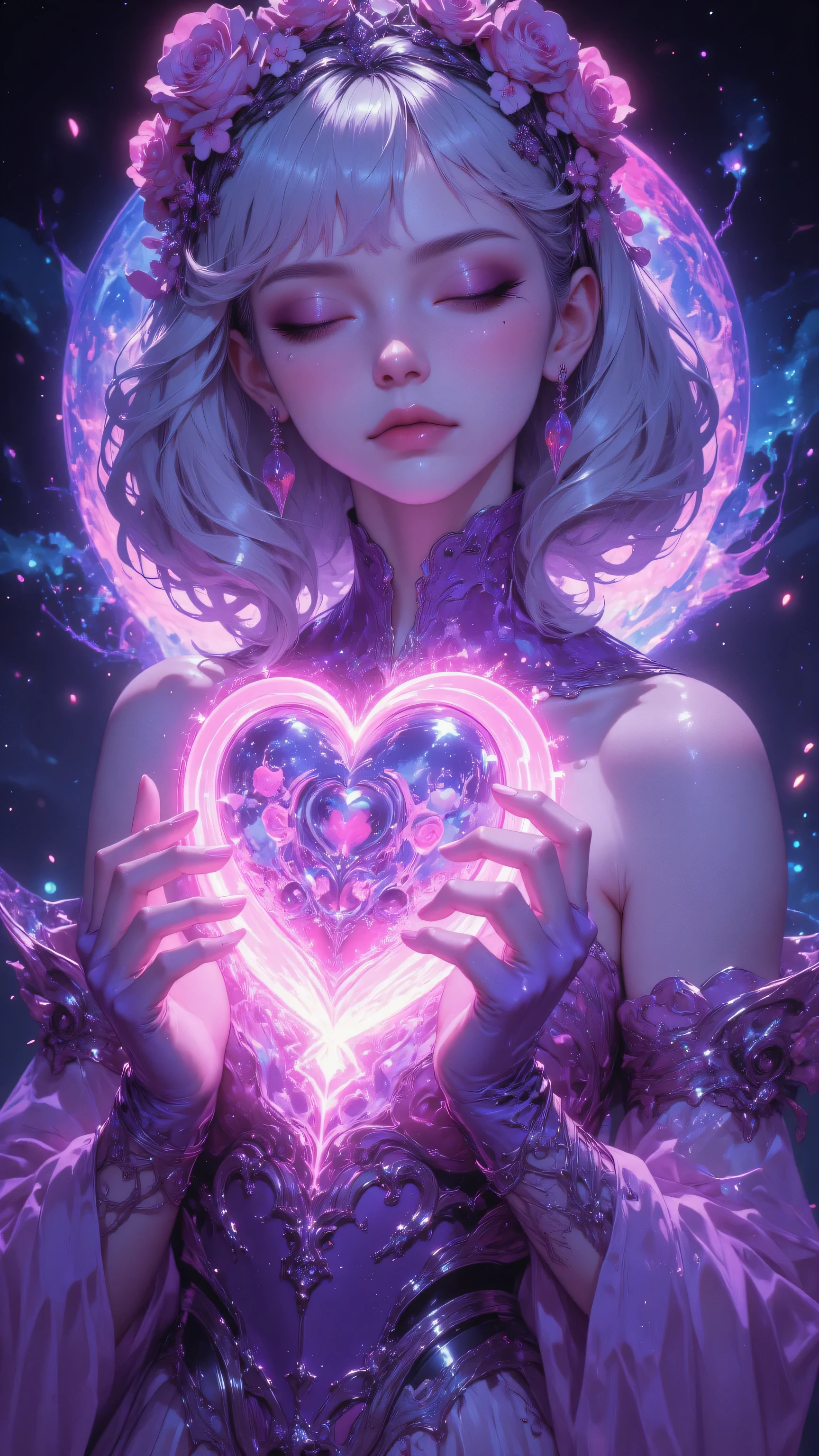 8k, masterpiece, highest quality, Ethereal, fantasy, white-haired woman, flower crown, pink roses, glowing heart, magical aura, purple dress, soft lighting, starry background, dreamy atmosphere, digital art, hyperrealistic, vibrant colors, luminescent skin, closed eyes, delicate features, romantic mood, mystical, fairy-like, celestial beauty