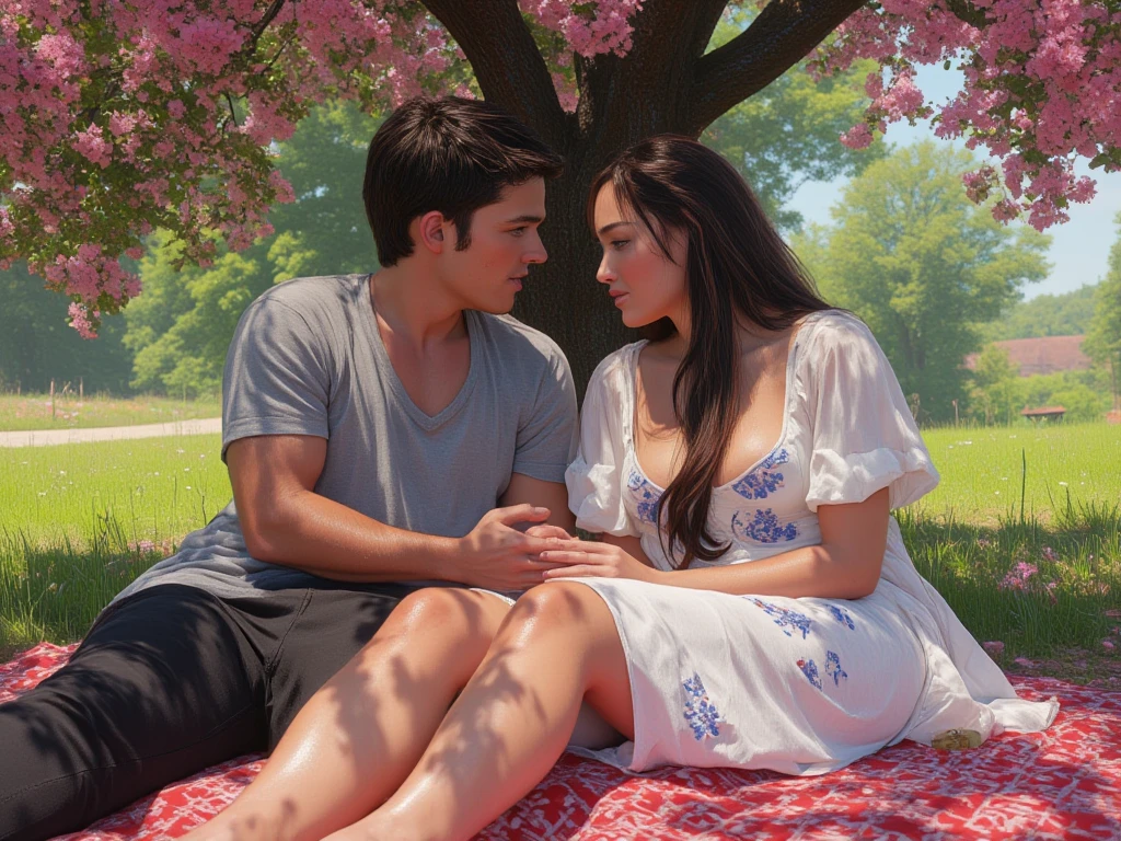   Digital painting A couple is having a picnic under a large cherry tree, sitting on a red square patterned blanket. The woman with long black hair and brown eyes was wearing a white dress embroidered with blue flowers. The man with dark brown hair and green eyes was wearing a gray T-shirt and black sweatpants.  cinematic passionate romantic scene poster.