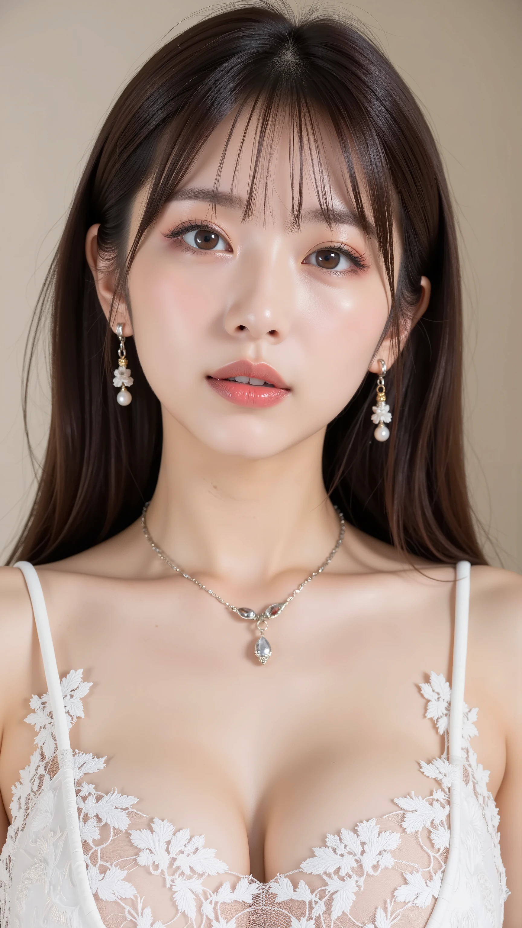 nsfw, Korean idol, Nogizaka idol,actress,gravure idol,   western style building   ,   1 female ,  美しい日本のactress , Age 25, Double Eyes , detailed faces, gorgeous earrings, Gorgeous necklace,   flashy makeup using red eyeshadow,  wavy hair tips ，Classy hairstyle, slender,  SeXy Silk Embroidered white Mermaid Dress, full lace see-through dress:1.2,   Her beautiful décolletage, beautiful skin, lying on  a luXurious bed,  ((Random Sexy Poses:1.2)), (( close your eyes and take a deep breath  :1.2))、   ecstatic face、 ClimaX EXpression , shout  