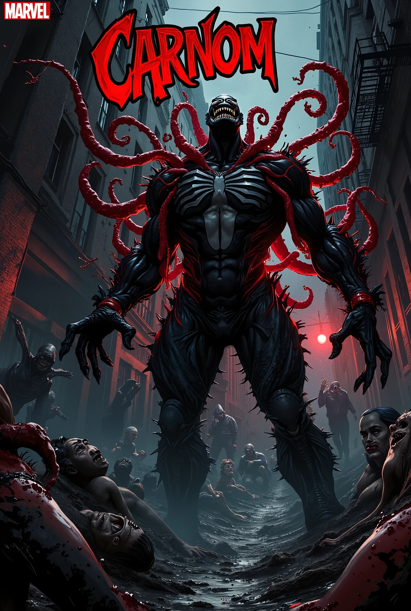 A dark and visceral comic cover, showing Carnom emerging from a whirlwind of symbiotic tentacles that twist around it. The environment is a narrow, dark New York alley, covered through a black and red substance that pulsates as if it had a life of its own.

 in the center, Carnom stands tall with her colossal, deformed body, combining Brutal Venom with the chaotic fluidity of Carnage. Your skin is a hybrid of black and red, with veins of living energy meandering down her torso. Your mouth opens in a grotesque smile,  revealing rows of irregular teeth , and her bifurcated tongue extends eerily.

Their arms are transformed into elongated claws and organic blades, dripping a viscous liquid. Living tentacles sprout from your back, grabbing walls and debris around, as if they were looking for new victims.

The background is a scene of pure terror, with elongated shadows and a reddish light flashing in the distance, like emergency sirens. s entangled in the tentacles are partially visible, their faces frozen in expressions of absolute horror.

Visual Style: Modern horror comics, with deep shadows and contrasting lighting.

typography: the name "CARNOM" appear in pulsating red,  as if you were alive , with a symbiotic distortion effect.

camera: Angle tilted slightly upward, making Carnom the dominant and menacing figure in the scene.