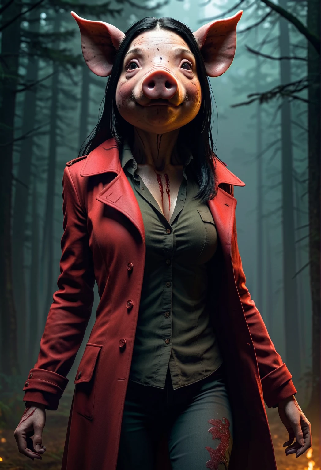 midshot, cel-shading style, centered image, ultra detailed illustration of a realistic anthropomorphic pig as Amanda from the Dead by Daylight game, (tetradic colors), inkpunk, ink lines, light particles, strong outlines, art nouveau, art by MSchiffer, bold traces, unframed, high contrast, cel-shaded, vector, art by MSchiffer, extremely long dark hair covering face and chest, slender female, long tight-buttoned up closed red coat, horror, wearing very realistic anatomically-correct pig's head, large long hog snout, stabbing attack action pose, emaciated body, deadpan facial expression, pure-black demon eyes, horror vibe, impossibly long black hair droops forward over entire face, extremely long black hair flows over ears, side view, colorless black eyes of pure horrifying darkness, filthy bloody, anthropomorphic female pig monster, 110lbs 6ft tall, 50 years old, mouthless, on-the-prowl hunting for victims, pig's head side-profile
