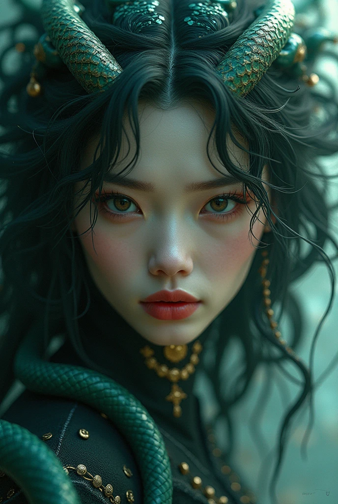 A Chinese woman with dragon-like features, her body adorned with iridescent jade-green and pearl-white scales that shimmer like the rivers and mountains of China. Her eyes are sharp and cat-like, glowing a vibrant gold, reminiscent of ancient Chinese art. Her facial features are elegant and refined, with a slender nose and high cheekbones. Her long, dark hair flows like a cascade of ink, interwoven with delicate, horn-like structures, embodying the wisdom and strength of the mythical dragons from Chinese folklore.