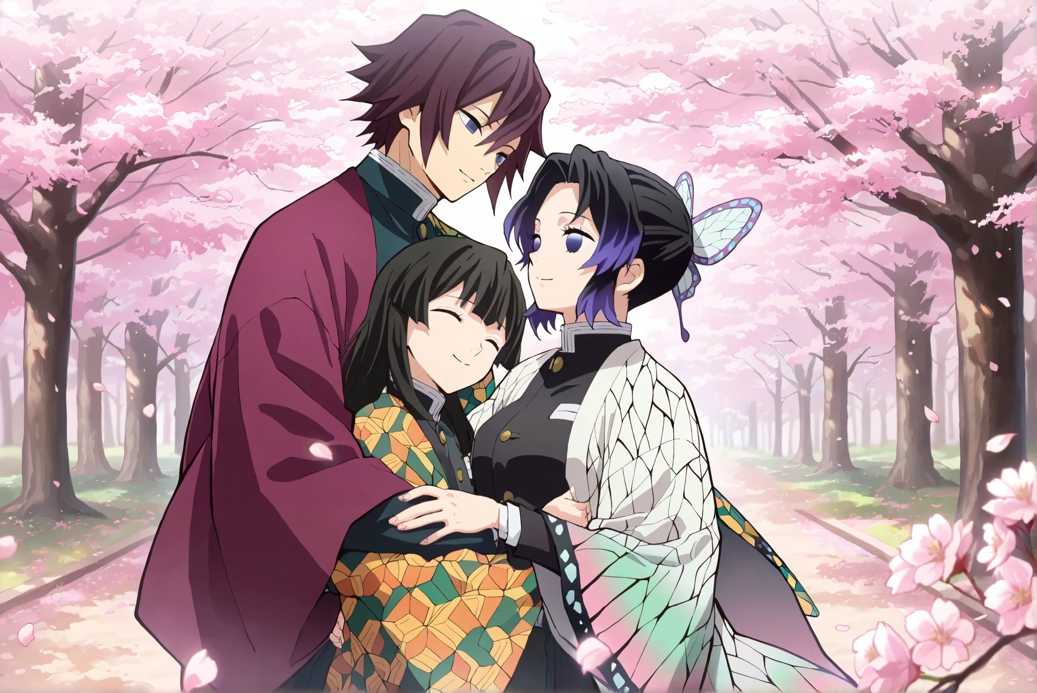 ((masterpiece)), ((best quality)), (8k), A boy and a girl hugging each other, (Giyuu Tomioka), The boy is Tomioka Giyu from Demon Slayer, Tomioka Yoshiyuki, Tomioka Giyu , (kochou shinobu), The girl is Shinobu Kocho from Demon Slayer, cherry blossom tree background, falling petals, anime style, Anime style, Refer to the style of Koyoharu Gotouge's work