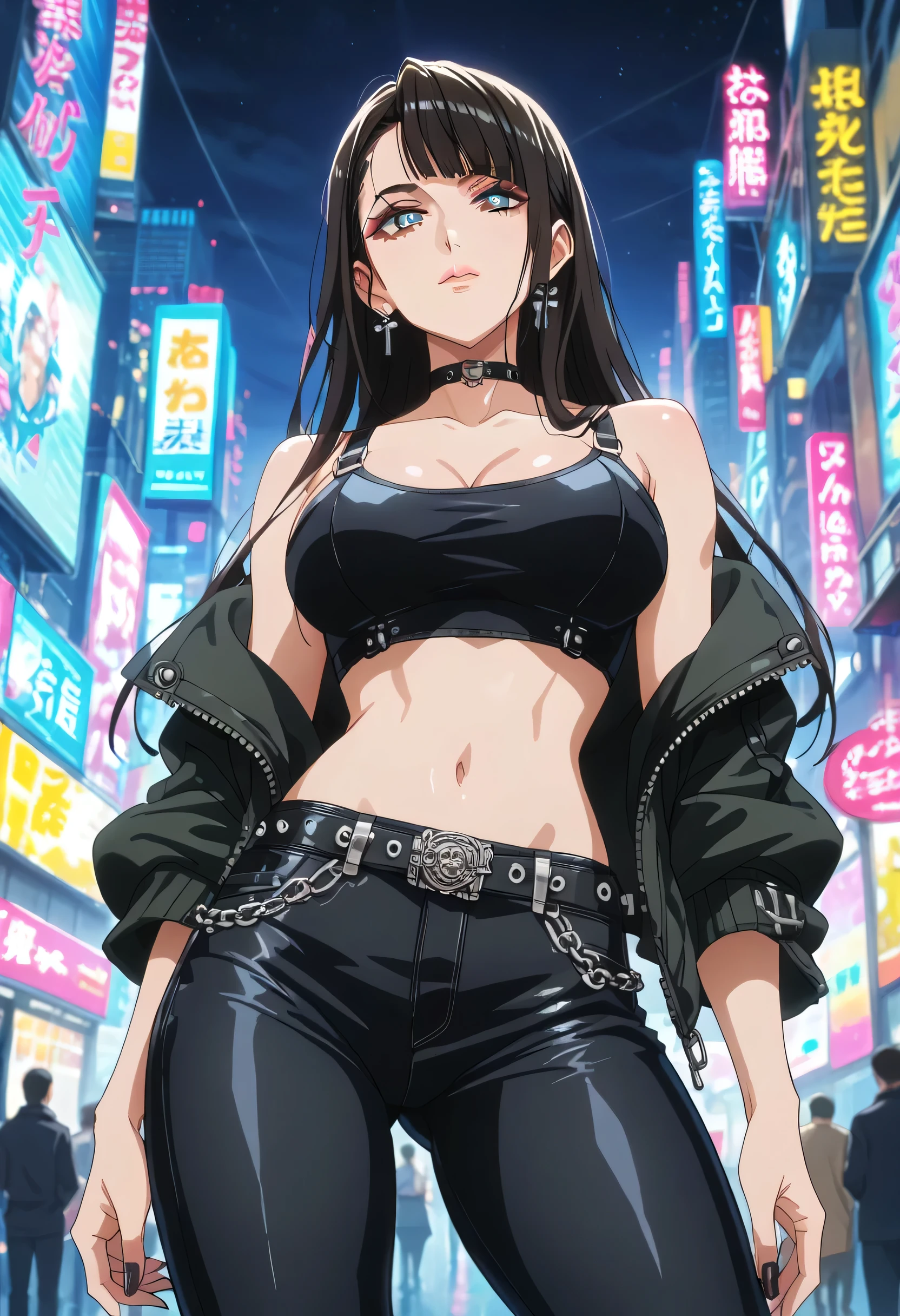 SNV2, 1girl, solo,  lipstick, smile, blue eyes, Hot girl, baddie, staring, glaring, bad attitude, mean girl, dare, angry, hate, crazy, smoking, sensual, attractive, outdoors, rooftop, cityscape, building, railing, night, night sky, scenery, moon, city lights, blush, lipstick, masterpiece, best quality, highly detailed, a girls with a gun, evil smile , open mouth, sexy gaze, badass
pose , evil smile, smile, (nsfw) not safe for work, guns blazing, anime girl with long hair, beautiful long
haired girl, navel, evil expression, exposed belly, exposed navel, exposed midriff, exposed lower belly,
long black pants, crop top, cleavage, unbuttoned leather pants ,open fly, low rise black leather pants,
leather jacket, holding a gun, holding pistol