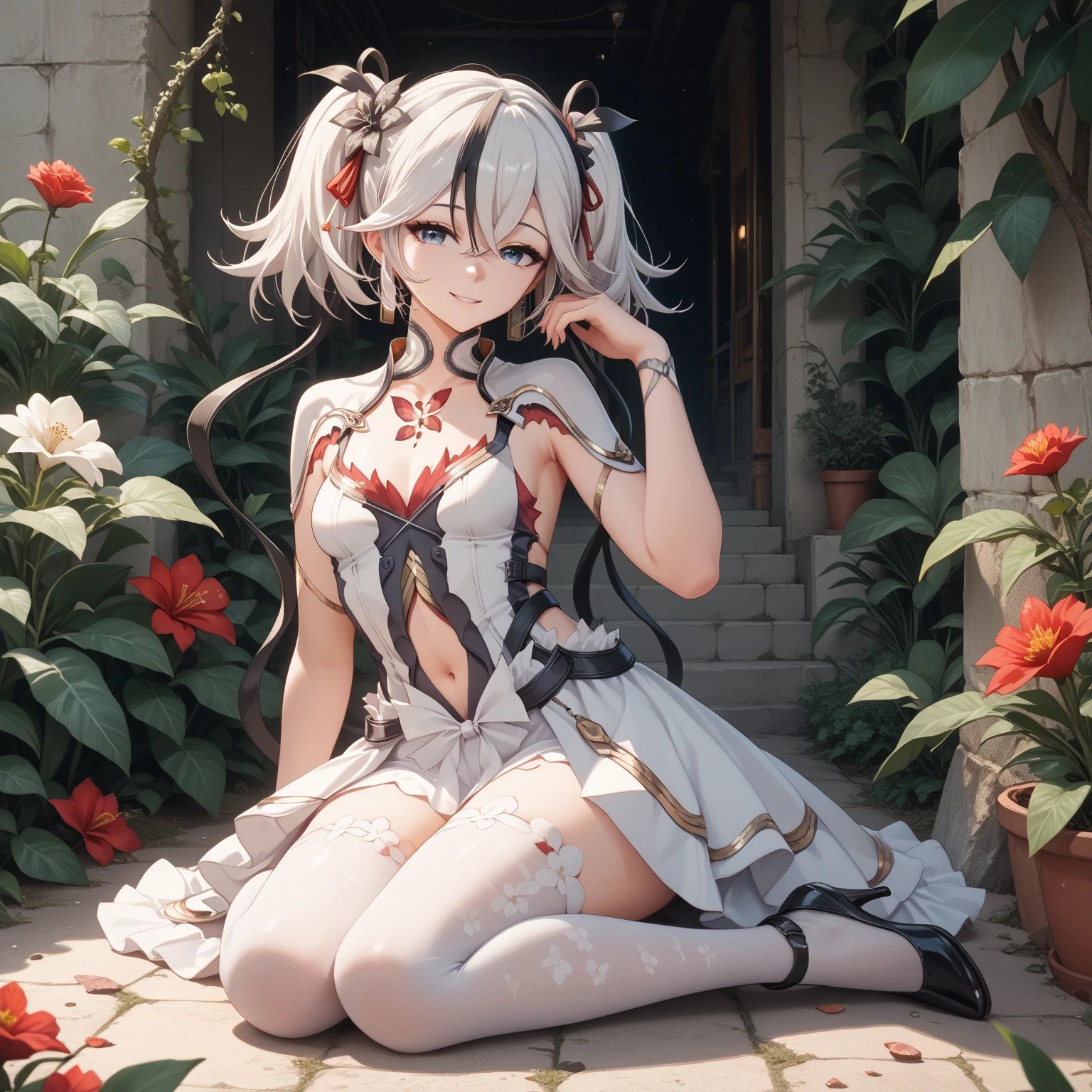 blush、silver hair、red eyes、beautiful girl alone、and soul、solo、bikini with ruffles、gravure、rose garden、