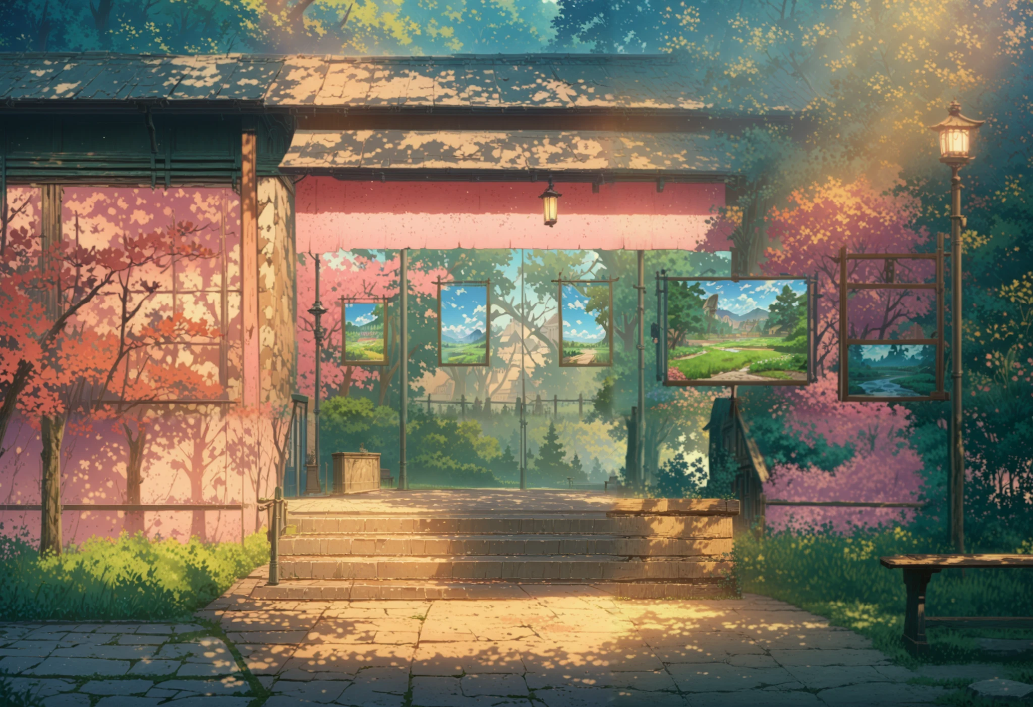 painting of a building with a bench and a tree in front of it, anime background art, anime background, colorful anime movie background, anime scenery concept art, ( ( makoto shinkai ) ), style of makoto shinkai, anime scenery, beautiful anime scene, anime movie background, beautiful anime scenery, anime set style, studio glibly makoto shinkai, ((pastel colors))
