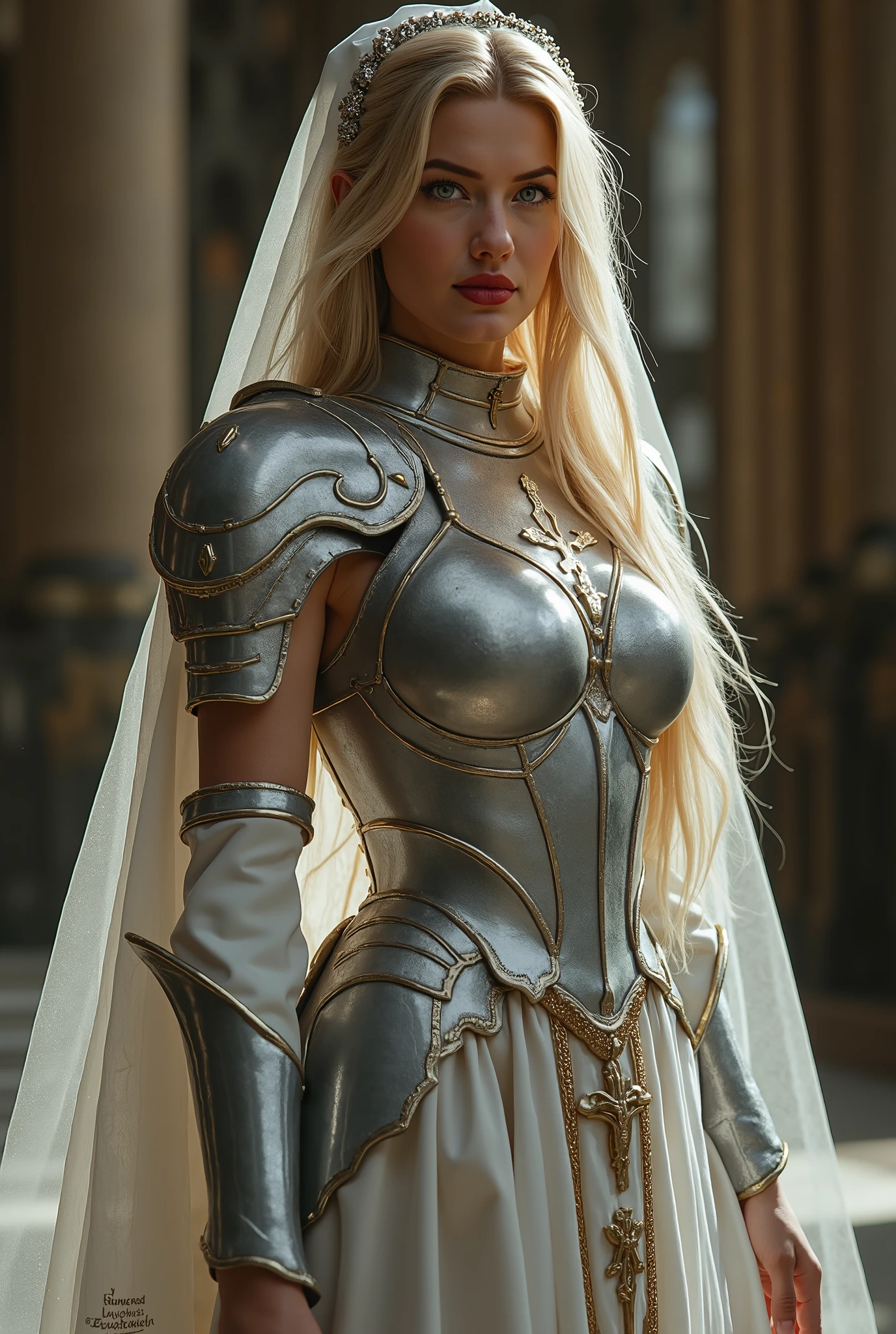 Cleric , alice schmidt, sexy, scarce metallic armor, white cloak, wearing flawless makeup ,eyeliner, eyeshadow, red lips, cathedral , highly detailed, hyperrealistic, photorealistic, 8k, 3D-Rendering, high resolution, sharp focus, vivid colors , atmospheric lighting, gothic architecture , time-honored atmosphere, detailed wrinkles, noble materials, pious appearance, Religious symbolism, nylon stockings, high heel boots