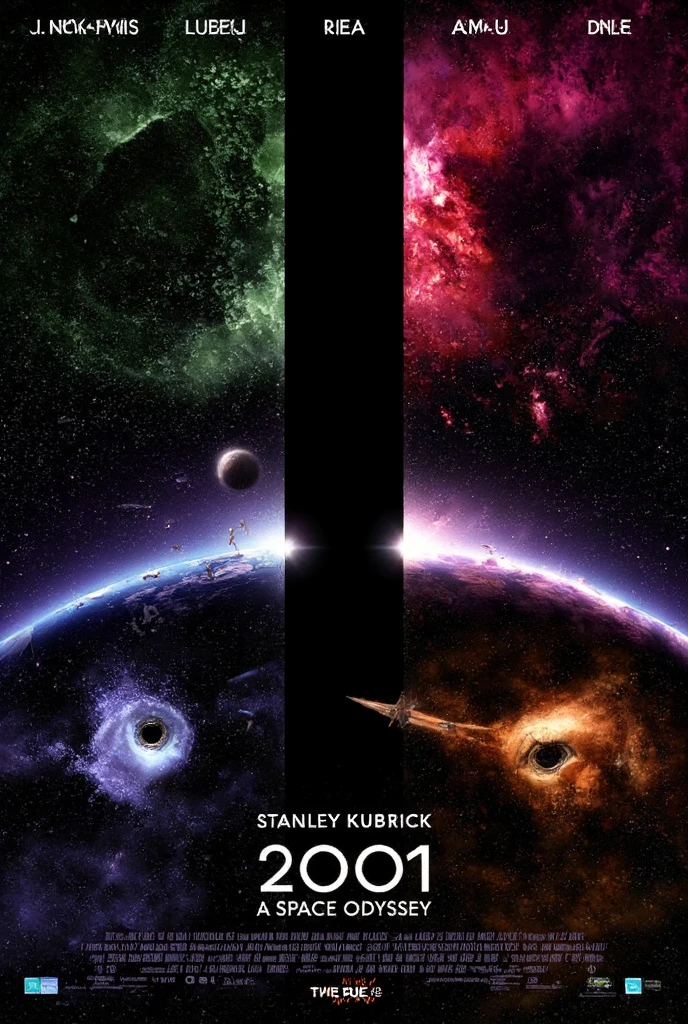A film modern poster for '2001: A Space Odyssey' by Stanley Kubrick. Central image: a towering black monolith pulsing with a dark glow. Left: HAL 9000's menacing red eye. Right: the Starchild with eerie black eyes. Background: Discovery One in space. Bottom: Bowman aging in a bedroom. Dark purples, greens, reds. Cosmic horror style.