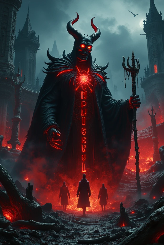 Mephiskull (Mephisto + Black Skull)
Image Description :
An infernal cape, depicting Mephiskull emerging from a vortex of black flames, with doomed souls writhing around her body. The setting is a distorted hell, with towers of bones and rivers of magma extending to the horizon.
in the center, Mephiskull se ergue, a demonic entity composed of living shadows and fire from the underworld. His black skull floats above the body, breaking off momentarily to cast a macabre smile directly at the reader. His flaming cloak ripples in the wind, and hellish currents swirl around him, drawing desperate souls into the.
in your left hand, he holds a scepter made of bones and metal, glowing with cursed energy. His flaming gaze pierces the scene, while reddish lightning illuminates the chaos below.
Visual Style: Gothic horror mixed with infernal surrealism.
typography: "MEPHISKULL" appears in fiery letters, as if he were burning in his own cover.
camera: Low extreme angle, emptiness It's a colossal monster coming out of the dark.