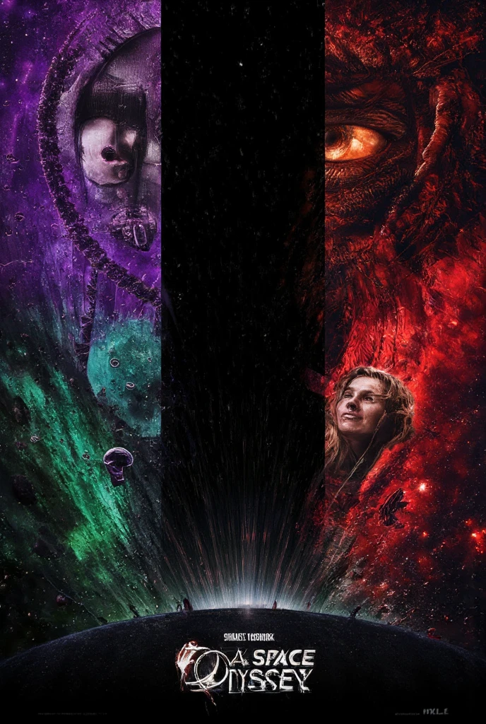 A film modern poster for '2001: A Space Odyssey' by Stanley Kubrick. Central image: a towering black monolith pulsing with a dark glow. Left: HAL 9000's menacing red eye. Right: the Starchild with eerie black eyes. Background: Discovery One in space. Bottom: Bowman aging in a bedroom. Dark purples, greens, reds. Cosmic horror style.