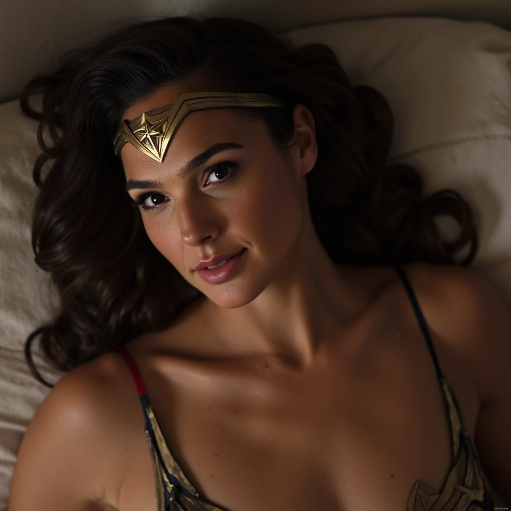 wonder woman costume, sexy costume)), rest, ((seductive smile)), sexy, rest, sensual, rest, necklace, rest, small breasts, rest, lying while looking at the camera, rest, Little Clothes, rest, ((green eyes :1.3)), burst, RAW photo, analog, Nikon Z 85mm, fotgrafia, ((best quality)), ((Masterpiece artwork)), ((realistic)), Intricate detail, high detail, sharp focus ,(( growing seductive)), professional,16K, high resolution, detailed facial features, high detail, sharp focus, smooth buttocks, aesthetic, highly detailed, photo_\(ultra\), photorealisitic, realisitic, Post-processing, Maximum detail, Happiness, real life, ultra realistic ,rendering, fotgrafia, 8K UHD, fotgrafia, SEMI-SILHOUETTE light, break, Mariana is a 30 year old college student who exudes a unique combination of innocence and determination. Your dark green eyes, which are often lost in reverie, are in sharp contrast to their white skin was covered in freckles.. These freckles told their own story, like the constellations that decorated her cheeks and nose. when he was thinking, ((RAW)), ((high detail skin)), ((8k )), ((long hair)), ((lying)), ((in bed))((masterpiece)) , ((photo)), ((high detail)), ((focus: 2.3)), HDR camera, ((high resolution)), ISO100, f/2.8, 85mm, 1/125s, One Shot, sad face, [sexy pose], (sharp focus), (complicated), (cinematic lighting), dynamic angle, dynamic pose