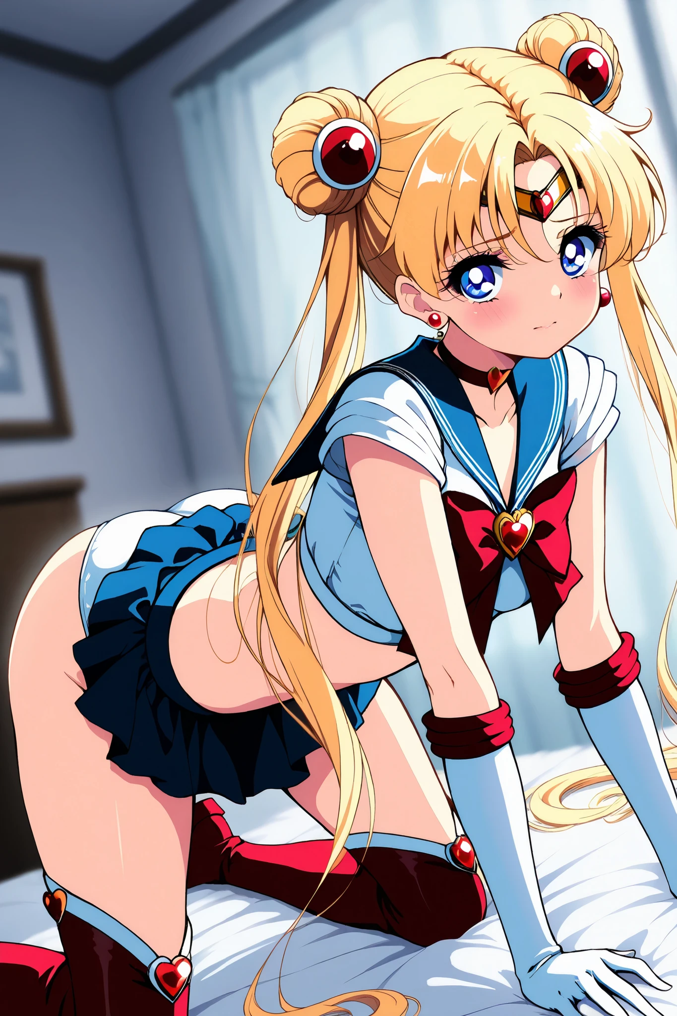 masterpiece, best quality, absurdres, perfect antomy, 1girl, solo, SMMoon, 1990s \(style\), blonde sailor moon, standing, smile, cowboy shot, sailor senshi uniform, sailor collar, blue skirt, elbow gloves, big booty, ultra mini skirt , jewelry, earrings, lying on her side on a bed, showing her ass, ass with a micro thong, very sexy , nice ass. (LYING ON HER SIDE ON A BED)