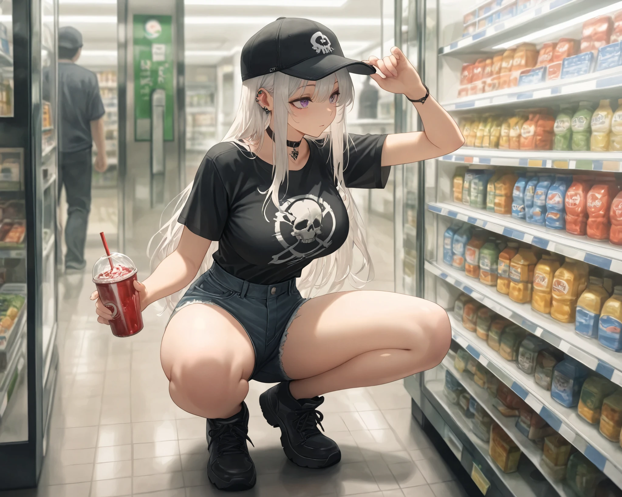 (((( Masterpiece)))), (((( TOP QUALITY)))), high resolution,fine grain, detailed face, depiction of a face expressed in great detail, Detailed Eyes 、Detailed faces、Hair drawn to the smallest detail, 1girl, baseball cap, black hat, convenience store, breasts, purple eyes, white hair, choker, hat, large breasts, long hair, piercing, short sleeves, sidelocks, black skull t-shirt tucked in shorts, squatting low, grabbing drink from shelf, full body, short jean shorts, calm expression