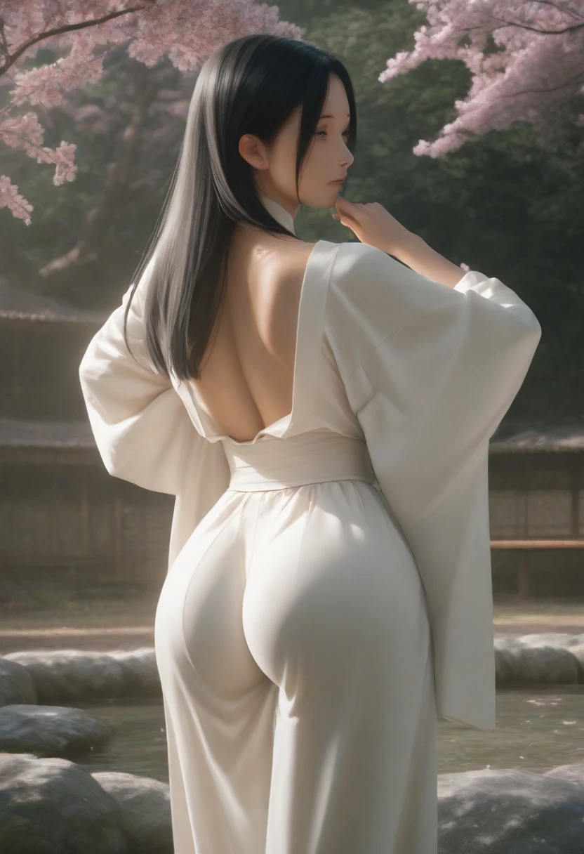 Beautiful Japanese Woman、Her profile、Back and buttocks、Images up to the thighs、Classical Painting、Delicate brushwork、naked、Detailed hairstyle、Mild Sunlight、Soft Shadows、Turning golden tones