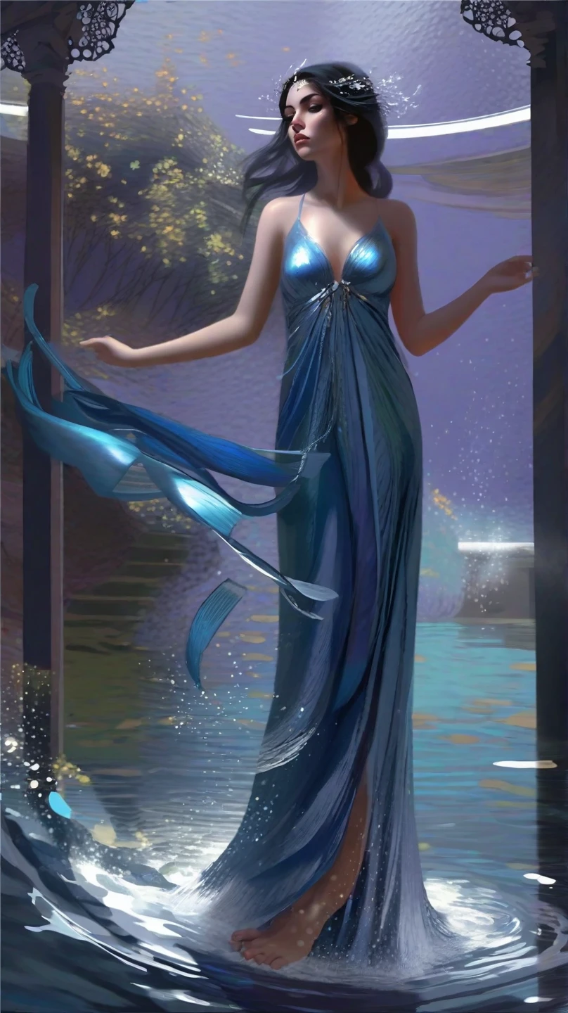 the whole body image of water goddess standing underwater, long grey hair, grey eyebrows, highly detailed ,standing underwater, underwater planet background, from head to toe, the whole body, in ocean somewhere, calm ocean, tansparent water, reefs, fish, coral, inner peace, wearing purple and black dress, highly detailed, whole body image, cinematic lighting, hyper realistic, highly detailed cgi 8k resolution
