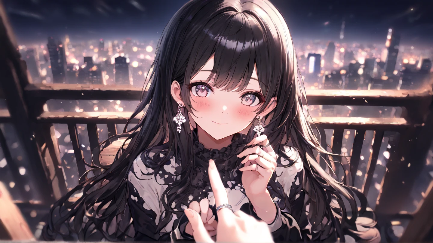 Anime character with long black hair is wearing a cozy coat, Hold the heart-shaped card close to your chest, With open eyes and a kind smile. Sea is standing in the park in early spring, where the first flowers began to bloom. now, Add a gentle snowfall to the scene, Light snowflakes floating in the air create a calm atmosphere, Symbolizes the quiet beauty of gratitude in the soft embrace of winter。.