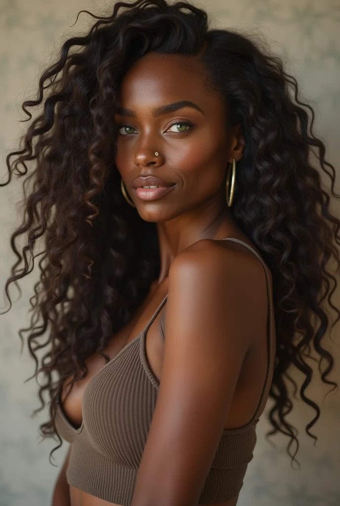  there is a black woman , the woman has curly black curly, she has brown skin, with dark brownish skin, with, long black moist hydrated curls  she is doing a  nude photo shoot whilst covering her medium chest