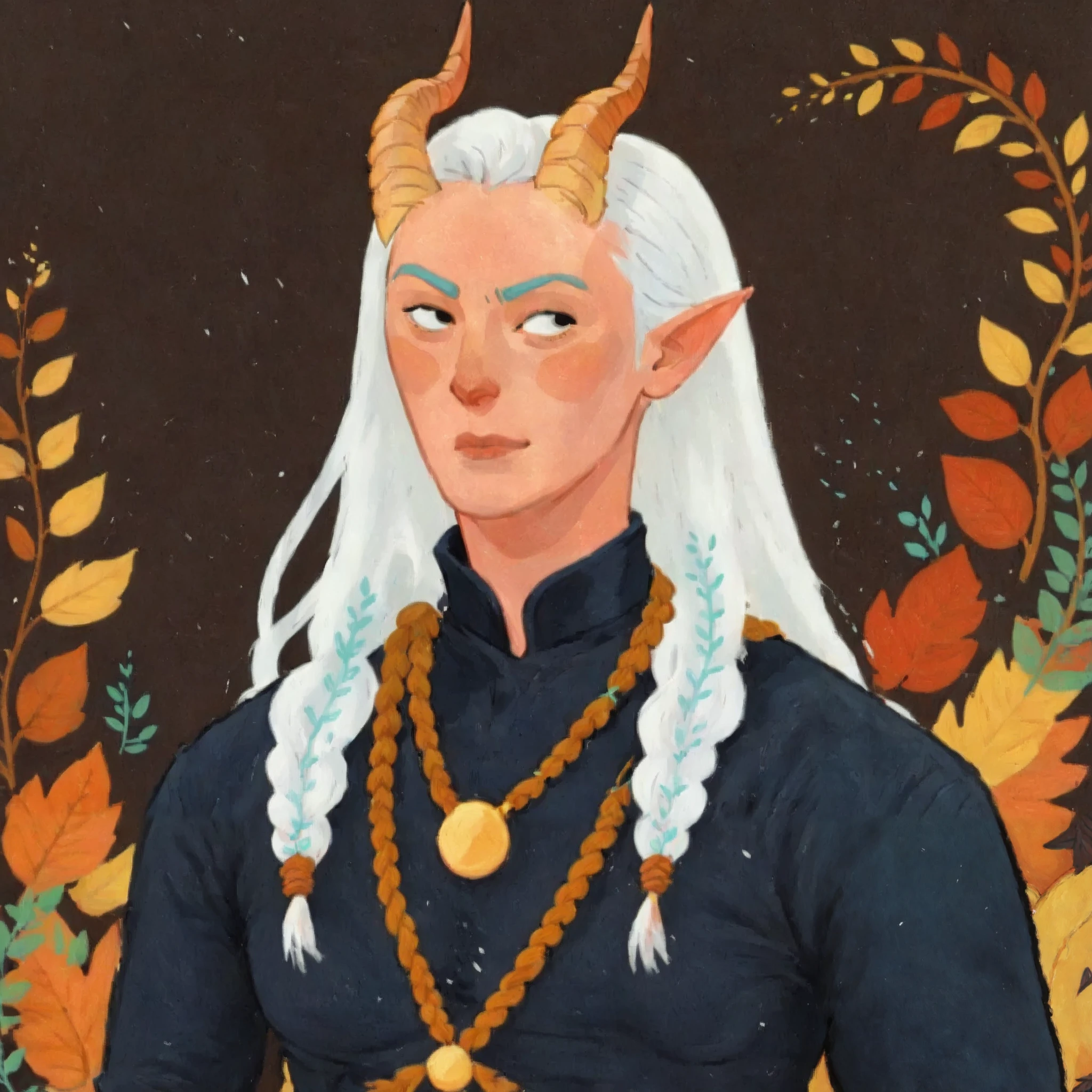 score_9, score_8, score_7, score_8_up, score_7_up, 1boy, Tiefling, long white hair, braids and ponytail, adult, detailed handsome face, detailed horns, portrait painting, pastel colors, flat shading, cartoon, in gougoupaintleaves style:1.5, cartoon, illustration, gouache painting, dynamic angle:1.5, illustrStyle, novuschroma57 style cartoon