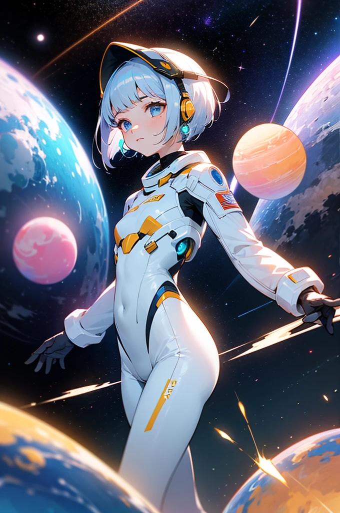 ((Masterpiece)), ((Best Quality)), ((Best Quality)), (Illustration of One Boy), Full Body, ((Bishonen)), (Man's Daughter), (Neutral), (((Silver Hair Bob Cut)), Hair Band, Green Eyes, (((Brown Skin)), (Toned Body), Abs, ((White Pilot Suit)), ((Inside the Spaceship)), (Outside the Window, Space, Earth from Space, Spaceport)