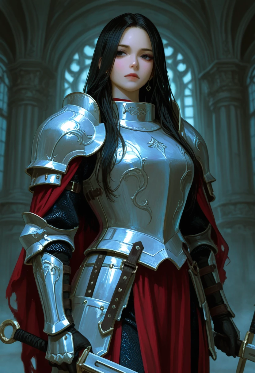 25 year old white woman, black wavy hair, wide red eyes and withering look, medieval style armor clothing 