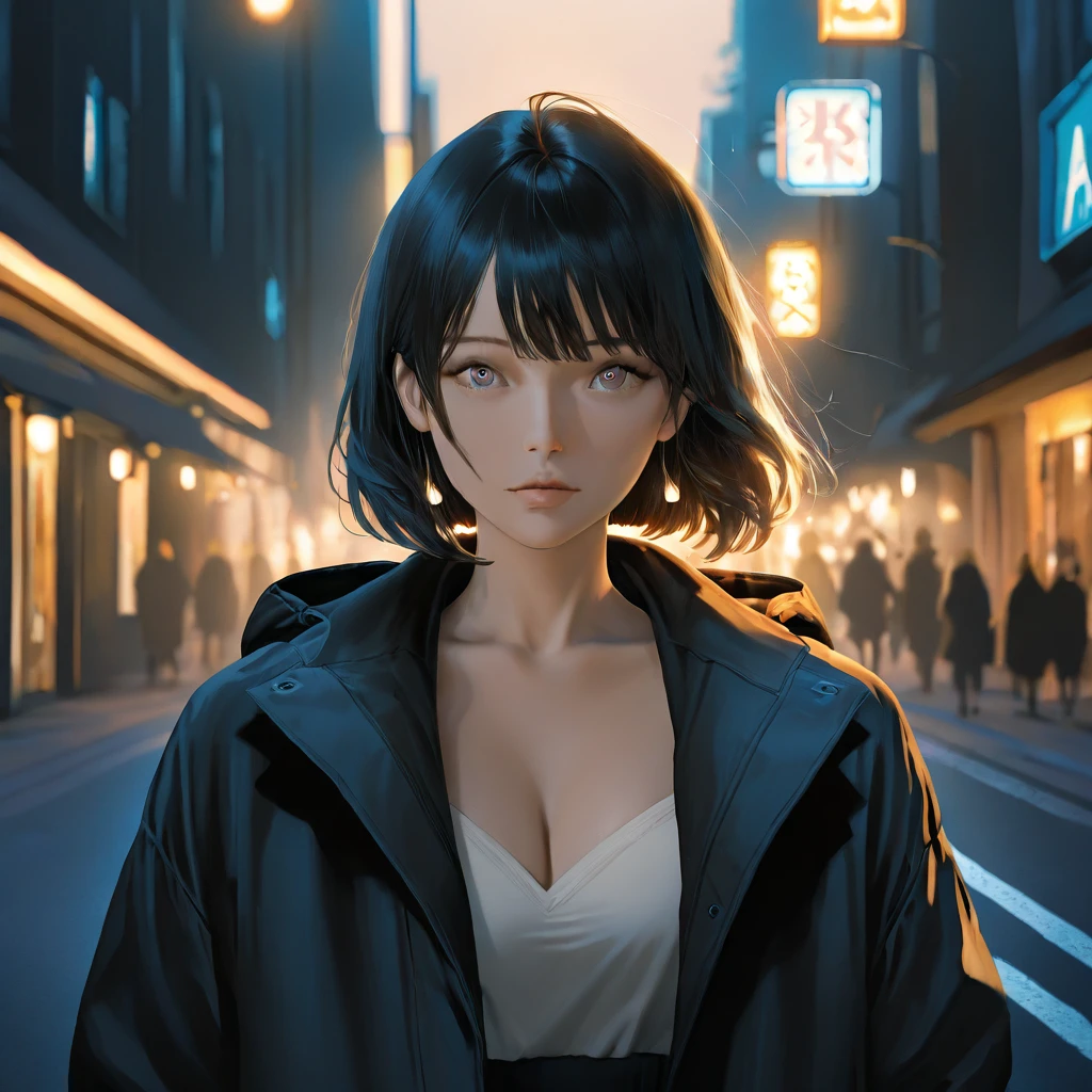 Japanese girl, Dark brown bob cut, ends curled inward slightly above the shoulders, Side-swept bangs, Round and soft face with a slightly plump outline,
double-lidded eyes with dark irises, gentle eye,Small and rounded nose, soft and natural lips, Fair and smooth skin,small ???????,skinny,cute

subtle lens flare,expressive deep brown eyes with multi-layered highlights, smooth and subtle gradients in skin and hair, realistic anime painting style, cinematic depth of field, vibrant but soft colors, back lighting,at night

((????)), public indecency, outdoor, Shibuya,facing down

nacked coat,front open,

super fine illustration, best qualit, solo,1 girl,full body

