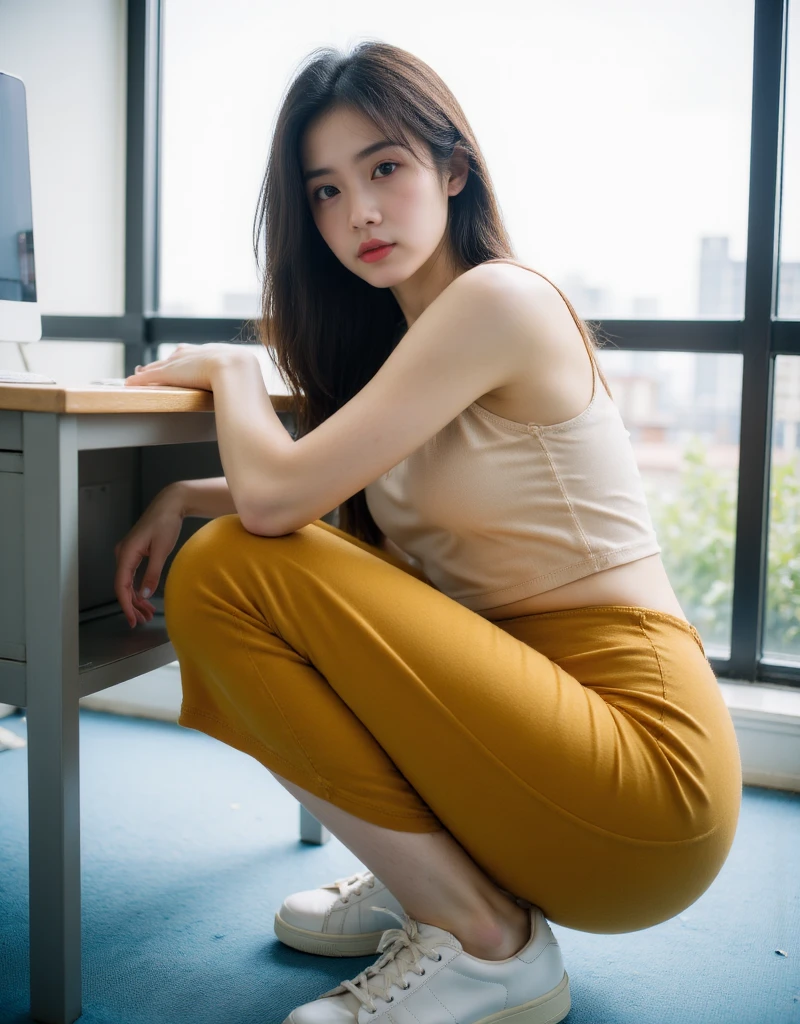 Li Yitong, top quality, delicate face, 25-year-old girl, slim body, big bust, yellow tight sportswear, gymnasium scene, M-shaped legs spread