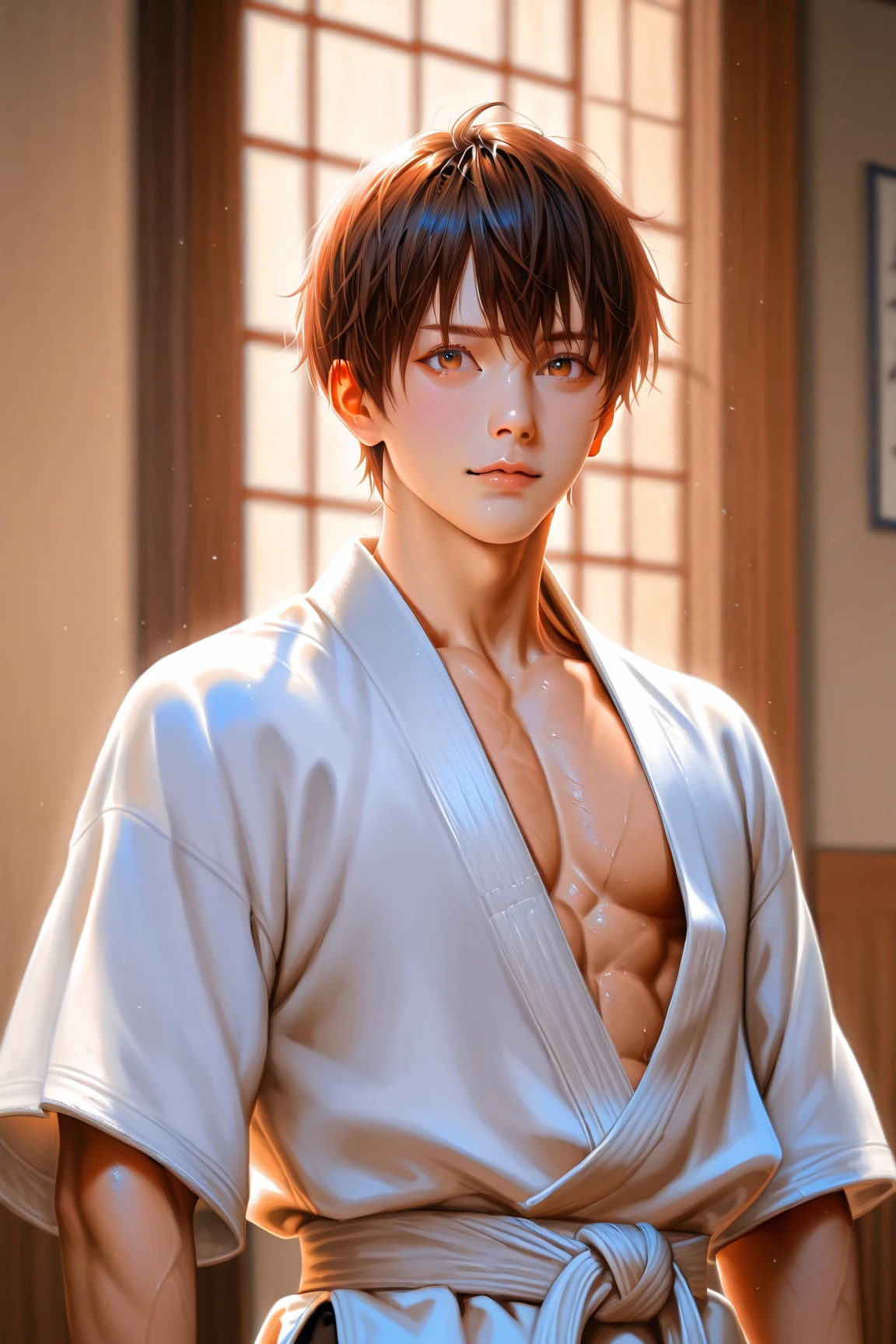 a young Japanese man of eighteen years of age with a razualvemte full physique, have fair skin, His eyes are blue and his hair is copper with a fringe covering part of his eye on the left side., one eye covered by bangs, the young man is six feet tall and two centimeters tall, and wears a white kimono with a black cape and has a strong look. captured in an ultra-realistic full HD 4K portrait, detailed texture showing its menacing shape, Immersive atmosphere, high definition shadow play, digitalpainting, nevoa no environment.