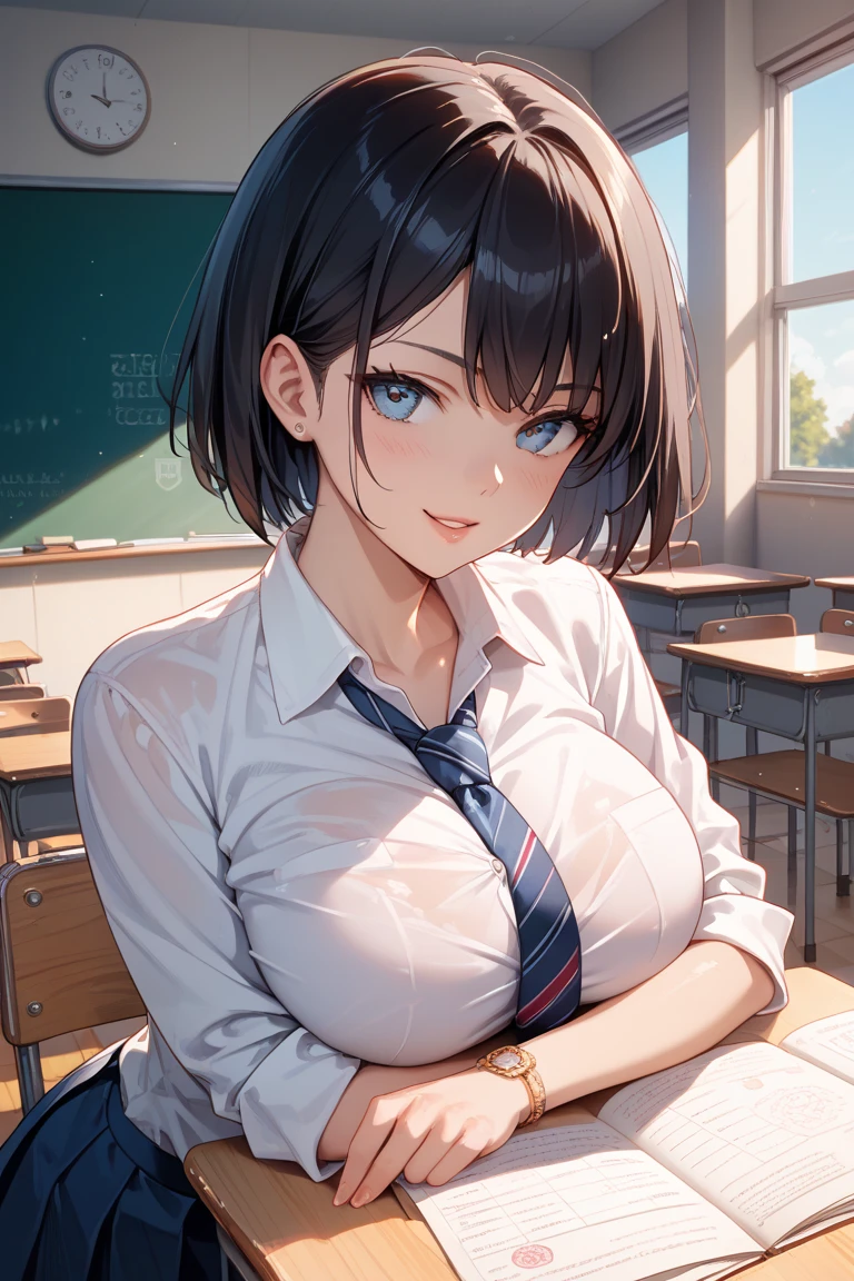 (medium hair),(dark blue hair:1.2),(forehead:1.1),lips,classroom,(sensitive smile:1.25),teacher,white shirt,cleavage,(large breasts:1.55),(shiny,hair),((solo)),((masterpiece)),((best quality)),perfect anatomy,slim waist,perfect image,8k UHD,(beautiful detailed eyes:1.5),extremely detailed face,standing,(upper body:1.25),(look at the front:1.5),(arms behindback),ultra-detailed,absurdres,highres,31 yearls-old,