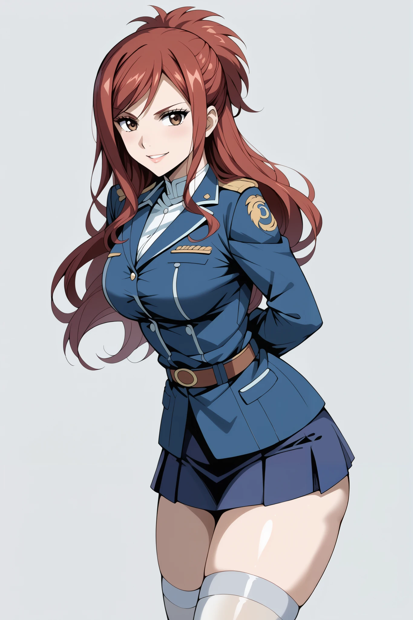 score_9, score_8_up, score_7_up, source_anime, 4K,perfect fingers,(perfect hands, perfect anatomy),prefect lighting, very aesthetic, intricate details,highly detailed background, masterpiece, high quality, best quality,
1 girl,solo,erza knightwalker, red hair, brown eyes, long hair, straight hair,mature female,large breast,,
wearing ((blue jacket, blue skirt, jacket,military, military uniform,shirt, skirt, thighhighs, uniform, white shirt, white thighhighs, )),,
((White plain background:1.5)) , looking at viewer, smile,((hands behind back:1.5)), (perfect hands, perfect anatomy),cowboy shot, filed, high thigh individual , fullbody,Stand up,((front look:1.5)),leaning forward:1.3,