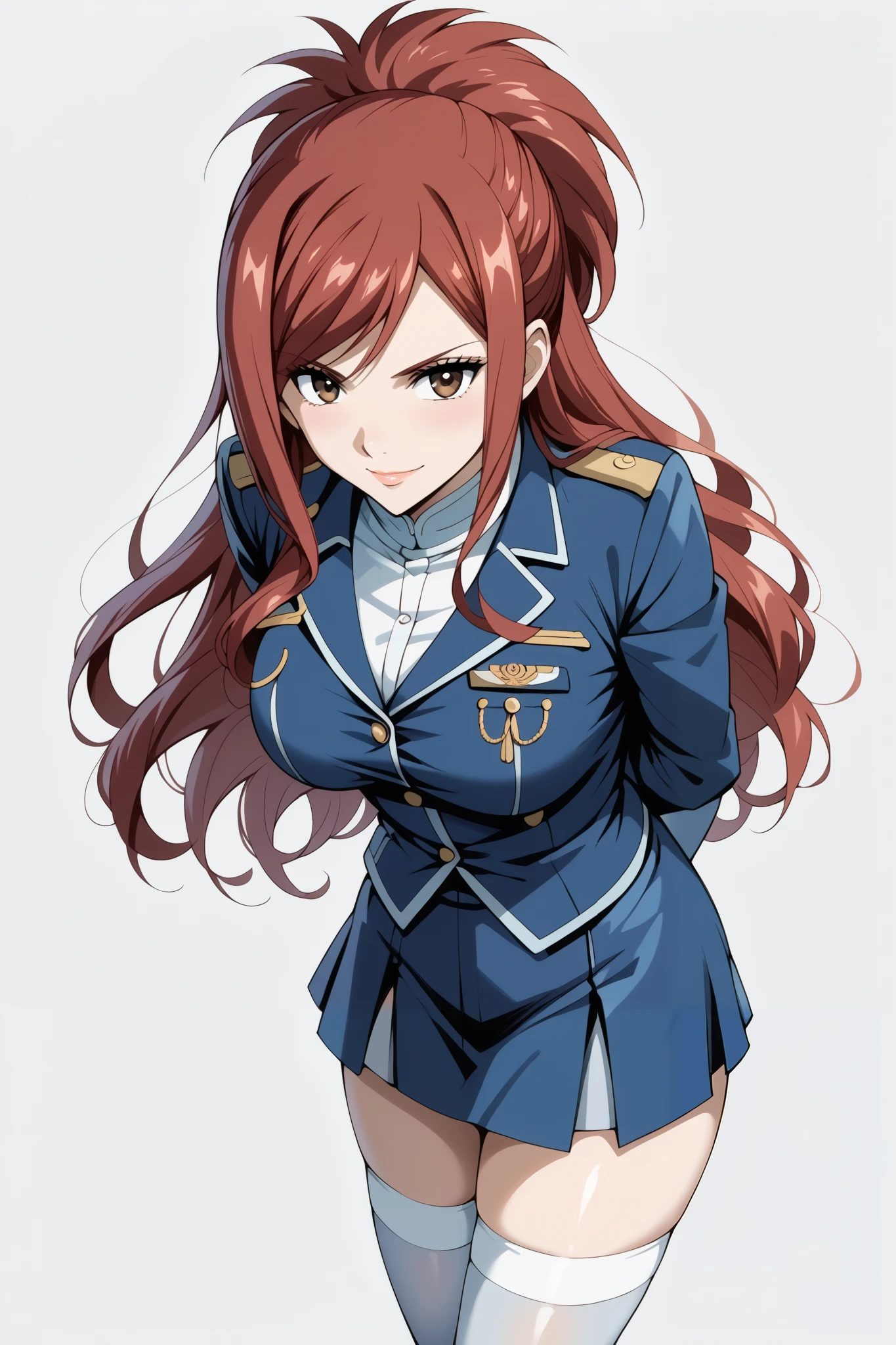 score_9, score_8_up, score_7_up, source_anime, 4K,perfect fingers,(perfect hands, perfect anatomy),prefect lighting, very aesthetic, intricate details,highly detailed background, masterpiece, high quality, best quality,
1 girl,solo,erza knightwalker, red hair, brown eyes, long hair, straight hair,mature female,large breast,,
wearing ((blue jacket, blue skirt, jacket,military, military uniform,shirt, skirt, thighhighs, uniform, white shirt, white thighhighs, )),,
((White plain background:1.5)) , looking at viewer, smile,((hands behind back:1.5)), (perfect hands, perfect anatomy),cowboy shot, filed, high thigh individual , fullbody,Stand up,((front look:1.5)),leaning forward:1.3,