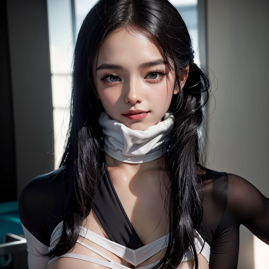 ((1 girl)), ((masterpiece)), Lovely,pretty face, blue eyes:1.2, ((black hair)), (shiny hair), nude lips, big breasts, Big , whole body, looking at the audience, masterpiece:1.5, ((Beautiful and delicate eyes)), Lovely eyes, best quality, Perfect body, shining body, (overexposure),Cinema lighting, dynamic lighting, ((Correct hand anatomy)), very high resolution, high resolution, (((Super detailed))), (extremely delicate and beautiful), (((Beautiful and delicate eyes))), depth of field, There is a woman in a white suit posing for a photo, Gothic web set, Chrome set, Dystopian sci-fi set, futuristic clothing, whole body X-Force 套装, Wear technical clothing and armor, Wearing a dark space mercenary uniform, shiny white armor, Abandoned mecha on the background, Cyberpunk Pearl Armor, cyberpunk suit, Female protagonist, Fair and translucent skin