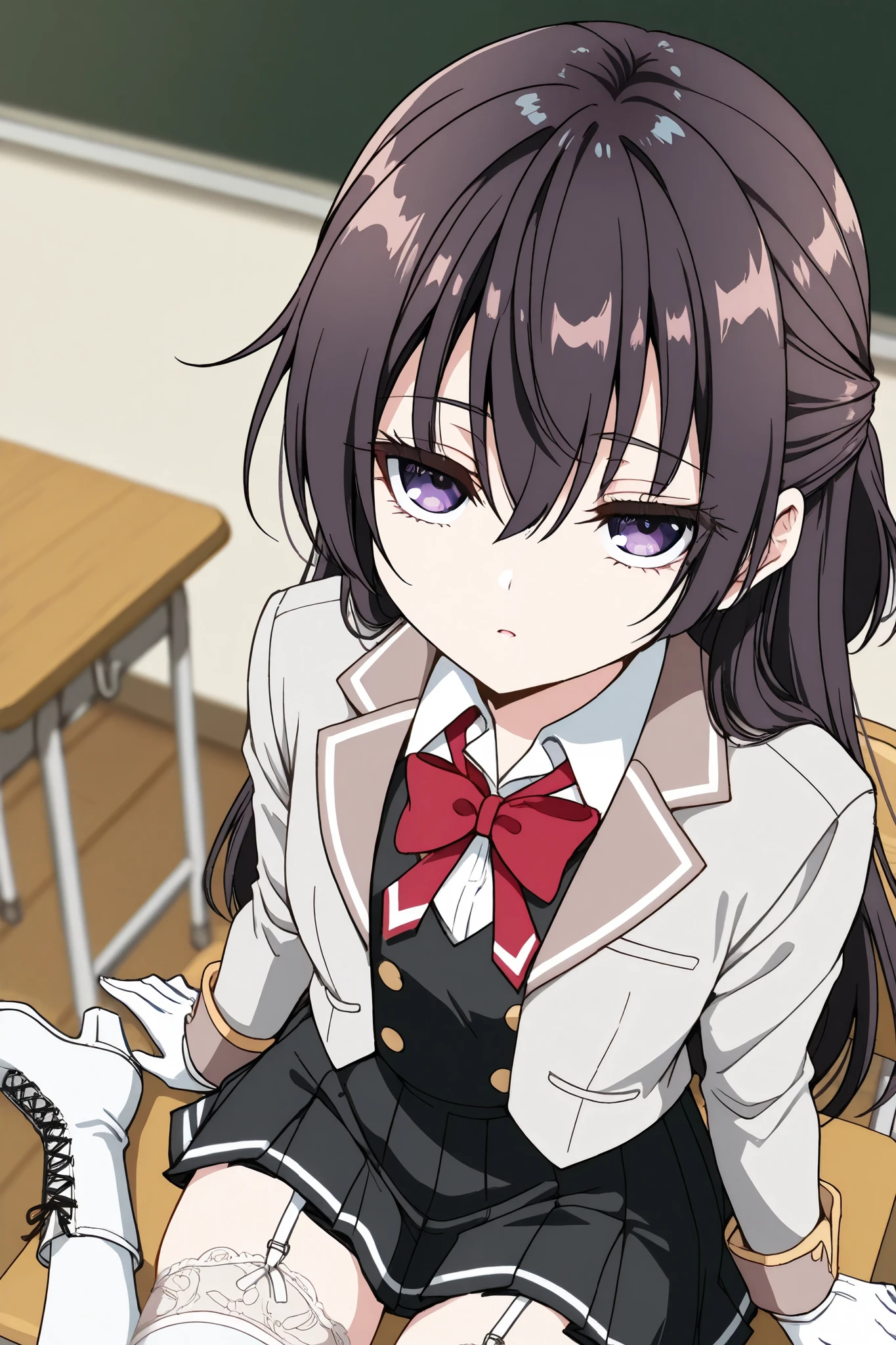 reia_kosu,1 female,solo,pretty,
yuki_suou,1 female,solo,
front,from bottom,contempt,
black hair,long hair,half updo,
hair between eyes,
purple eyes,big eyes,slant eyes,
sleepy eyes,long eyelashes,
midium breast,looking at viewer,
school uniform,grey jacket,open jacket,long sleeves,red bow,white shirt,collared shirt,black vest,buttons,pleated skirt,
white lace up boots,thigh-high boots,
white Garter belt & stockings,
white panty,high heels,
white gloves,
beautiful legs,thin thighs,thin calves,
nallow waist,dutch angle,
extreme close-up,bust up,
perfect face,beautiful skin,
anatomically correct,
anime,masterpiece,highest quality,high resolution,
high definition,ultra-detailed,
blurred background,
indoors,class room,black board,
school desk,school chair