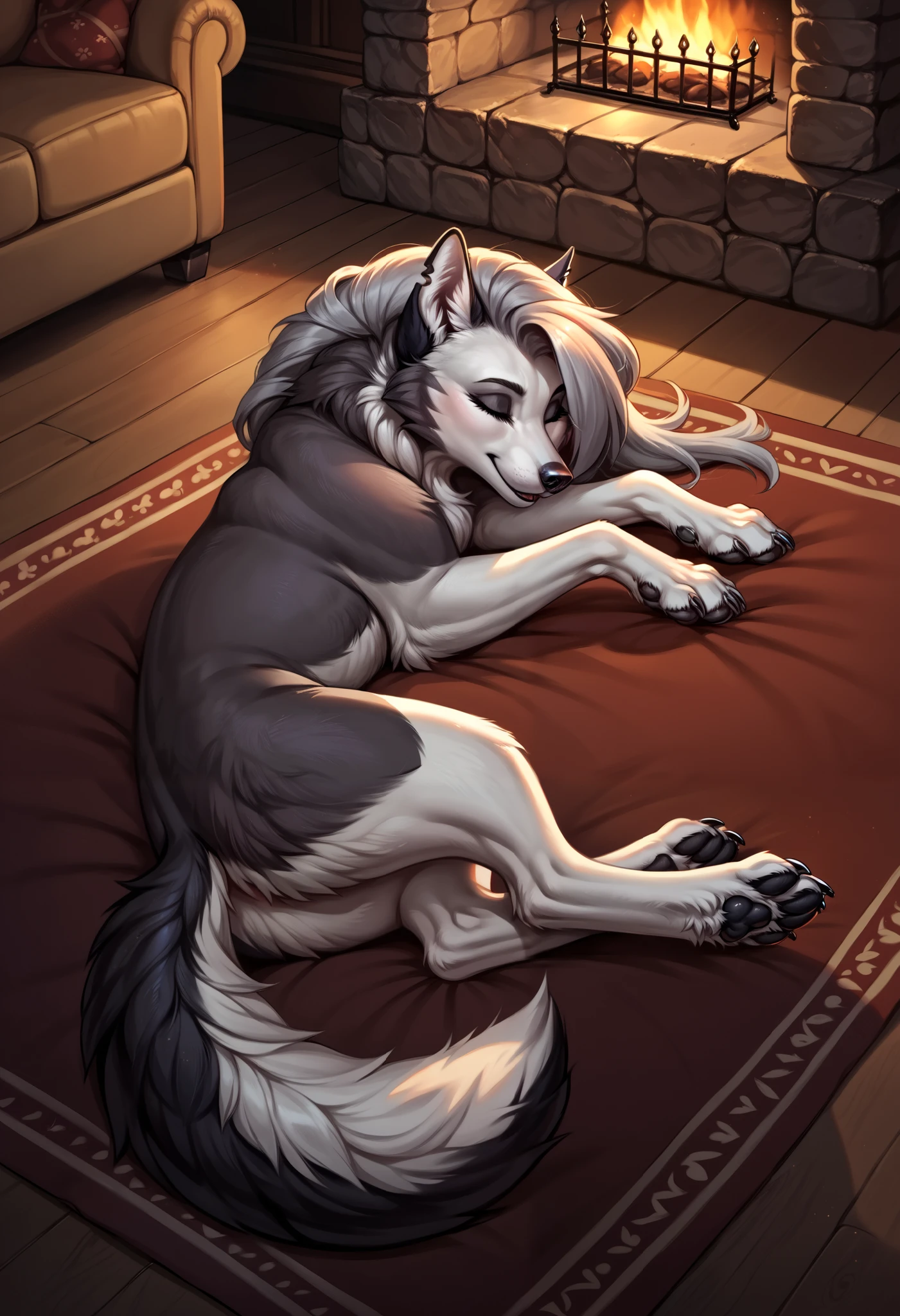 score_9, score_8_up, score_7_up, score_6_up, score_5_up, score_4_up, source_furry, feral, ((solo)), canine, hellhound, wolf, loona, loona \(helluva boss\), [domestic dog, fox], detailed, indoors, long tail, ((lying)), cute, adorable, realistic, fluffy tail, pointy ears, carpet, fireplace, eyes closed, warm atmosphere, on side, relaxing, pawpads, sleeping, curled up, night
