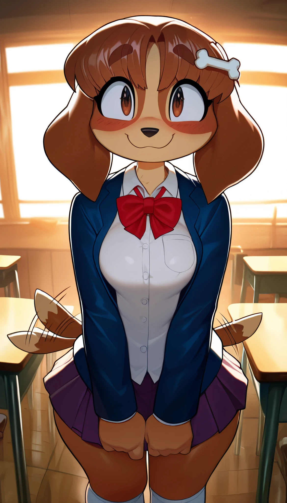 1girl, mugi, brown eyes, brown fur, bone hair ornament, tail wagging, furry female, cute eyes, cute smile, closed mouth, medium breasts, (18-year-old girl), school uniform, white socks, blue jacket, white shirt, red bowtie, brown footwear, miniskirt, collared shirt, long sleeves, close-up, upper body, female focus, contrast lighting, side lighting, masterpiece, best quality, newest, absurdres, highres, amazing quality, very aesthetic, classroom setting, standing, score_9, score_8_up, score_7_up, score_6_up, score_5_up, score_4_up