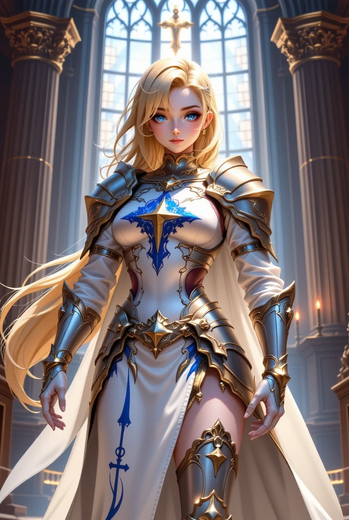 Appearance: Octávia has silky blonde hair that falls in soft waves over her shoulders... Her clear blue eyes shine with determination and intelligence. Your skin is clear and immaculate, reflecting your eternal youth. She has remarkable beauty and a posture that radiates confidence and nobility...Style Clothing: Octavia wears elegant Roman armor, custom made for her. The armor is adorned with golden details and imperial symbols, highlighting her status as the emperor&#39;s daughter and #39. She wears a red cape that flows behind her as she moves., adding a touch of elegance to your warrior look. Your shoes are robust and practical, suitable for both battle and palace.fund: no back ground, we can imagine Octávia in a grand and majestic setting. Perhaps she is in one of the halls of the imperial palace in Rome, with ancient columns and richly decorated tapestries around. A luz do sol entra pelas janelas altas, illuminating you with a soft glow that highlights your noble figure and distinctive features.