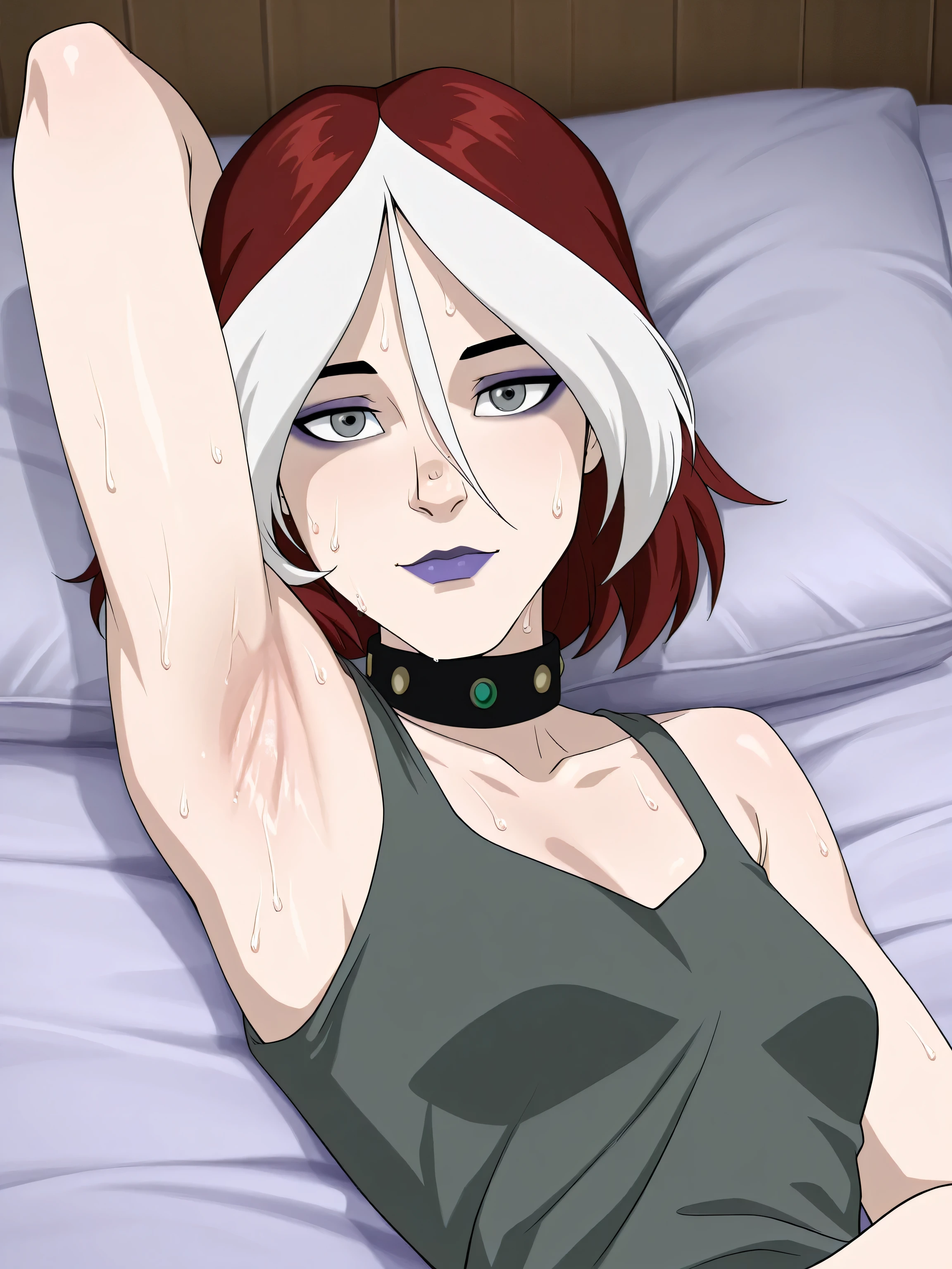 masterpiece, best quality, amazing quality, anime screencap, 1girl, solo, xroguex, dyed bangs, white hair, red hair, hair between eyes, (grey eyes:1.1), makeup, purple lips, collar, grey tank top, sleeveless, bare shoulders, bare arms, arm behind head, armpit, head towards viewer, looking at viewer, light smile, closed mouth, front light, sweaty, from side, from below, armpit focus, armpit up close, close-up of armpit, lying in bed
