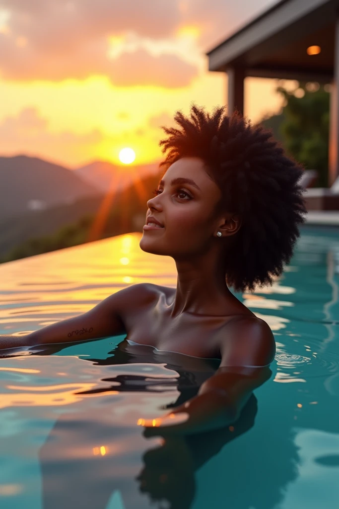 Woman in a vibrant two-piece swimsuit, immersed in the tranquil water of a Texas pool, captivating illustration showcasing the epitome of beauty, portrayed by the radiant Adorkable. The sun casts a warm, bright glow, illuminating her shimmering black skin and highlighted by the clear blue sky. This ultra HD composition, rich in layers and black line hooks, embodies the essence of nature, technology, and a charming atmosphere. With a cute art style and nuances of a two-dimensional cartoon, the rich colors radiate a warm, inviting vibe, bringing forth a sense of calm and relaxation. The black woman's face, ad