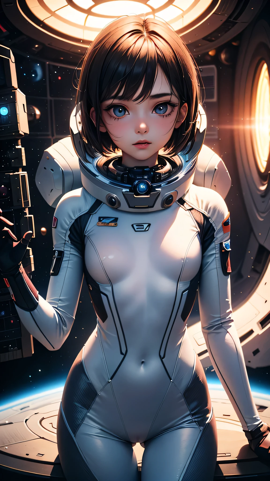 photo, best quality, masterpiece, portrait (18-year-old woman:1.2), sexy, (__advanced-sci-fi-locations__:1.3), (__advanced-sci-fi-spacesuit-II__:1.3), premium armor, (beautiful eyes:1.3), (ultra-detailed face:1.2), (looking at the camera:1.1), simulation, masterpiece, (detailed facial features:1.1), (pale skin: 1.2), (slim body:1.4), (small breasts:1.3), detailed textures, fabric, cinema lighting, senior artist photographer,