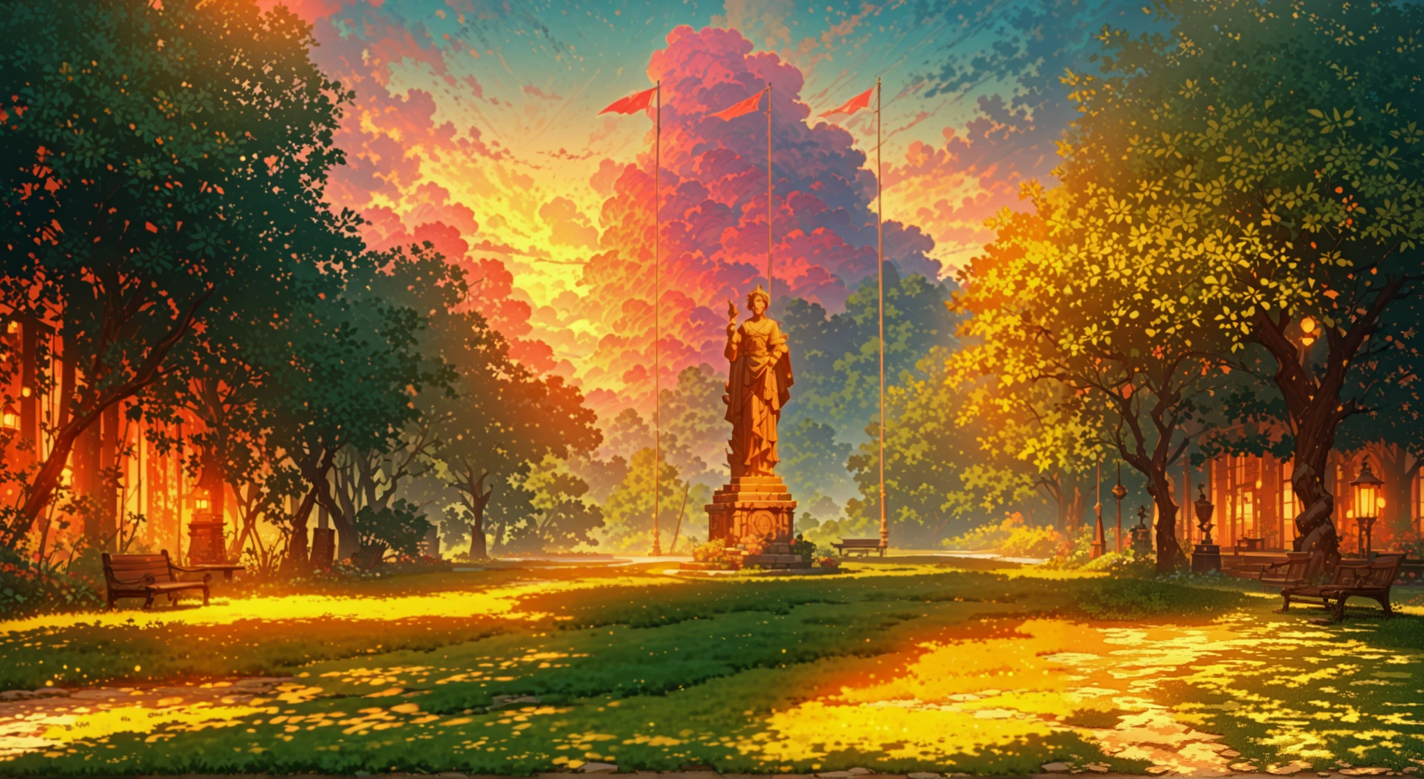 A stunning park in a beautiful anime-style, inspired by Studio Ghibli’s dreamy and vibrant aesthetics. At the heart of the park stands a majestic bronze statue of a historical figure on an aged stone pedestal, flanked by two towering flagpoles—one waving a crimson-red flag, the other a gentle green. The surrounding trees are lush and full, their emerald leaves shimmering as sunlight filters through, casting dappled shadows on the smooth, open plaza. Wooden benches line the area, inviting visitors to sit and enjoy the peaceful atmosphere. Above, the sky is an expansive, vivid blue, rich and saturated like a painter's dream, with towering, fluffy white clouds drifting lazily across—their edges glowing warmly under the afternoon sun. In the background, small, cozy buildings with curved rooftops peek through the trees, adding to the nostalgic charm. The entire scene exudes a magical sense of serenity, with colors that are both pastel-soft and strikingly vibrant, blending warm golden light with deep blues and fresh greens. The dreamlike quality of the image makes it feel as if it belongs in a peaceful, timeless world, filled with wonder and quiet beauty.