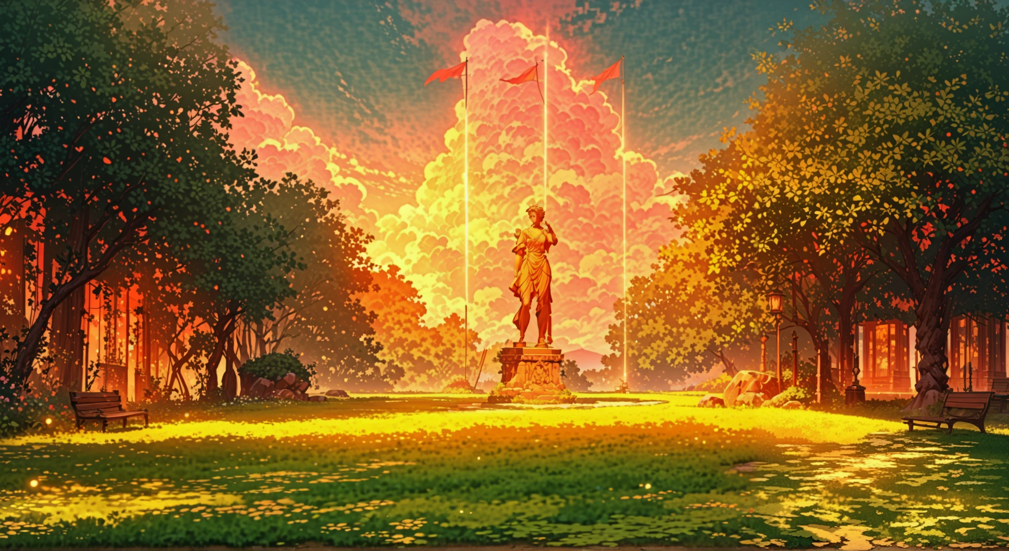 A stunning park in a beautiful anime-style, inspired by Studio Ghibli’s dreamy and vibrant aesthetics. At the heart of the park stands a majestic bronze statue of a historical figure on an aged stone pedestal, flanked by two towering flagpoles—one waving a crimson-red flag, the other a gentle green. The surrounding trees are lush and full, their emerald leaves shimmering as sunlight filters through, casting dappled shadows on the smooth, open plaza. Wooden benches line the area, inviting visitors to sit and enjoy the peaceful atmosphere. Above, the sky is an expansive, vivid blue, rich and saturated like a painter's dream, with towering, fluffy white clouds drifting lazily across—their edges glowing warmly under the afternoon sun. In the background, small, cozy buildings with curved rooftops peek through the trees, adding to the nostalgic charm. The entire scene exudes a magical sense of serenity, with colors that are both pastel-soft and strikingly vibrant, blending warm golden light with deep blues and fresh greens. The dreamlike quality of the image makes it feel as if it belongs in a peaceful, timeless world, filled with wonder and quiet beauty.