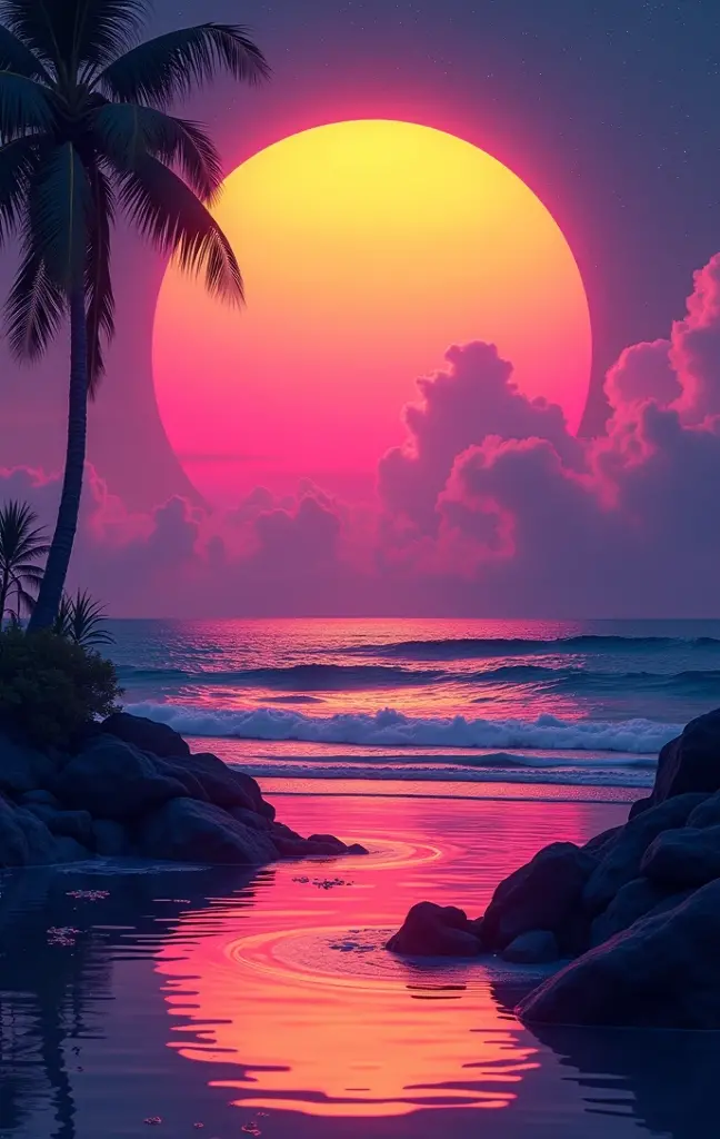 retro_neon ,retro neon , FUTURISTIC BEACH, glowing coastline, neon -lit waves, vivid sunset, pink and purple sky, synthwave aesthetics, nostalgia of the 80s, digital horizon, silhouetted palm trees, electric blue sea, vaporwave atmosphere, softer, glowing sand, neon  reflections on water, distant neon  city skyline, cyber sunset, Ambient light,  relaxing atmosphere , dreamlike landscape, futuristic paradise, warm neon  hues, deep shades of purple and blue,  surreal lighting ,  gentle ocean breeze , Calm, but electric atmosphere, Lindsey Stirling, Lindsey Stirling spielt neon  violin, Lindsey Stirling is playing on the beach, 1 girl, Alone,  high resolution,  sparkle effect , Mädchen spielt Violin , Violin , violin, Sparkling notes, music, magical, Lindsey Striling plays violin, violin, Look in Kamera.