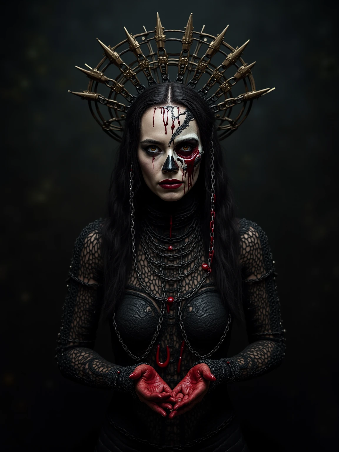 "(The best lighting, oscuro, dramatic),(feto calavera alien, Hellraiser, Cicatrices, , sexy, cerebro, sangre, una rata dentro de la cabeza, terror.),(ojos rojos, calaveras). morning light.