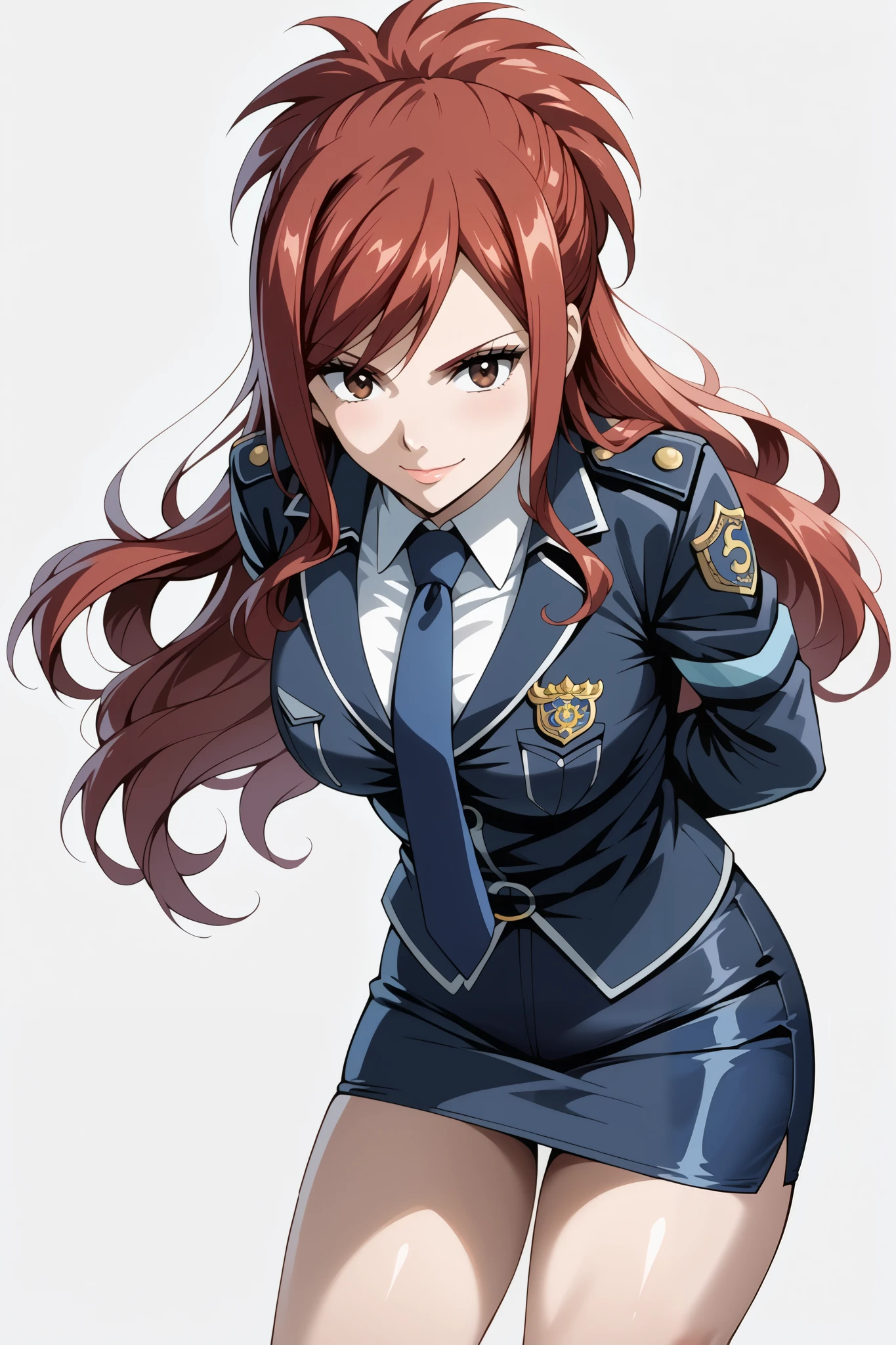 score_9, score_8_up, score_7_up, source_anime, 4K,perfect fingers,(perfect hands, perfect anatomy),prefect lighting, very aesthetic, intricate details,highly detailed background, masterpiece, high quality, best quality,
1 girl,solo,erza knightwalker, red hair, brown eyes, long hair, straight hair,mature female,large breast,,
wearing ((police uniform,jacket,pencil skirt, blue necktie )),,
((White plain background:1.5)) , looking at viewer, smile,((hands behind back:1.5)), (perfect hands, perfect anatomy),cowboy shot, filed, high thigh individual , fullbody,Stand up,((front look:1.5)),leaning forward:1.3,